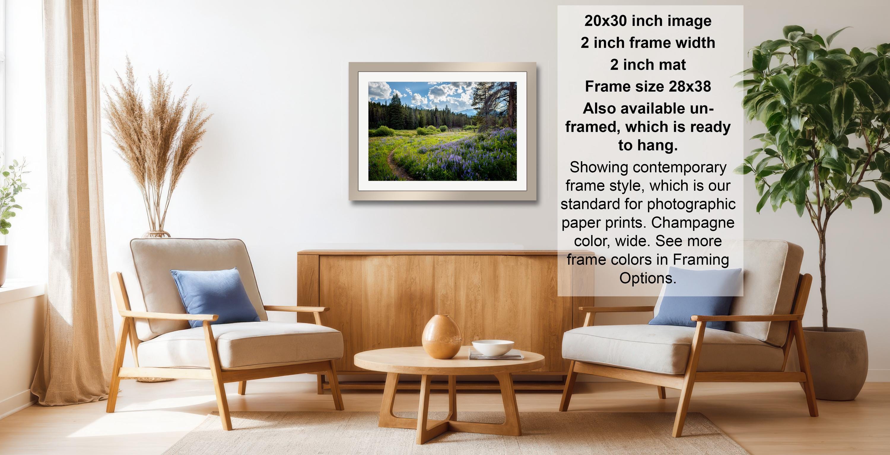 a living room with a framed landscape photograph hanging on the wall, a wooden coffee table in the center, and two armchairs facing each other.
