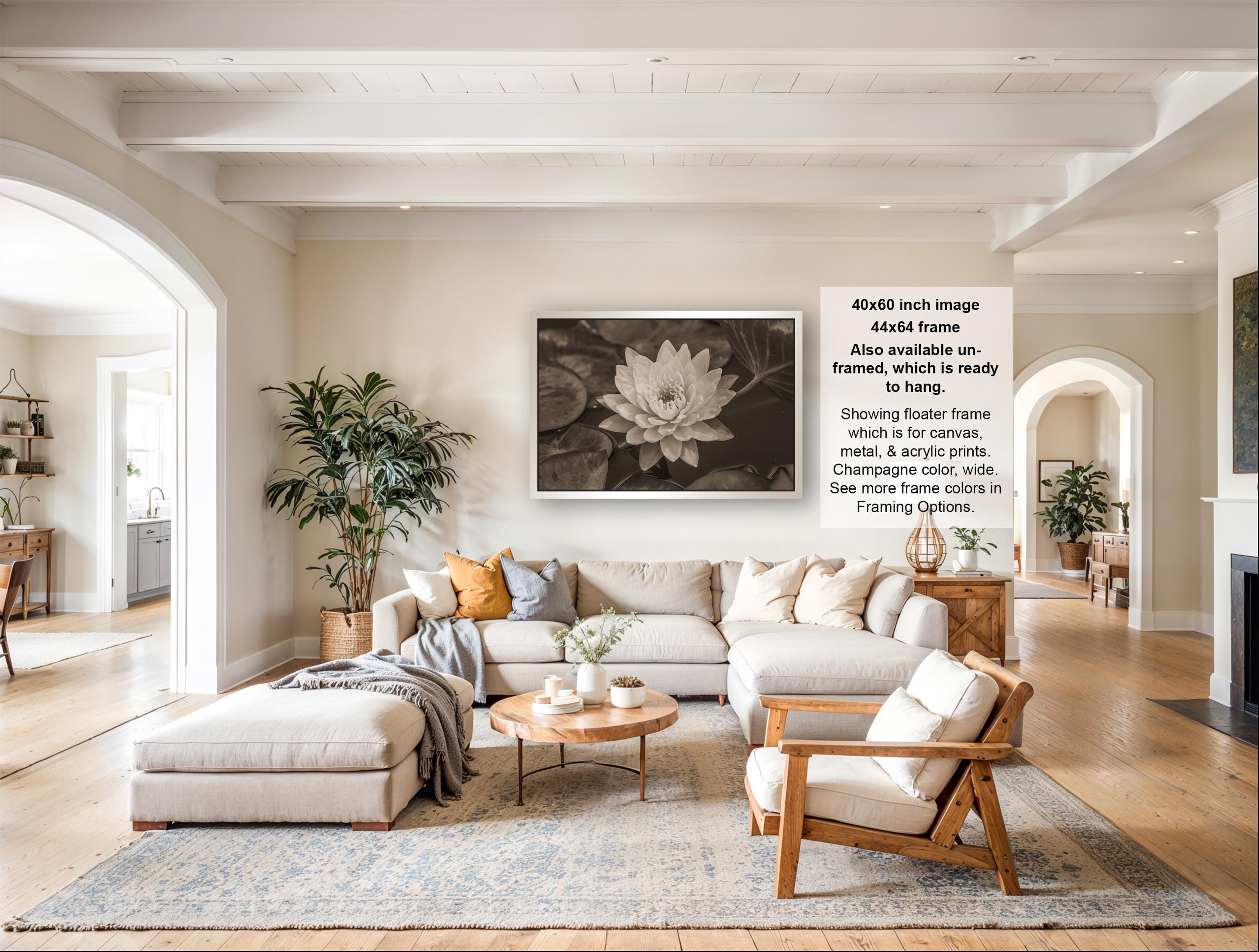 The image is a large, white living room with a sectional sofa, a coffee table, and various decorative elements such as potted plants and a vase.