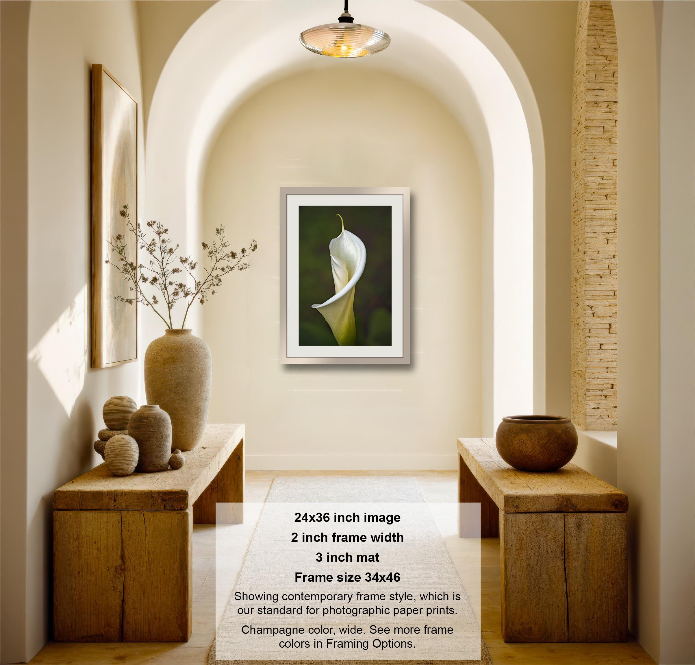 The image is a framed photograph of a white flower, possibly a lily, hanging on a wall in a room with wooden furniture and decorative items.