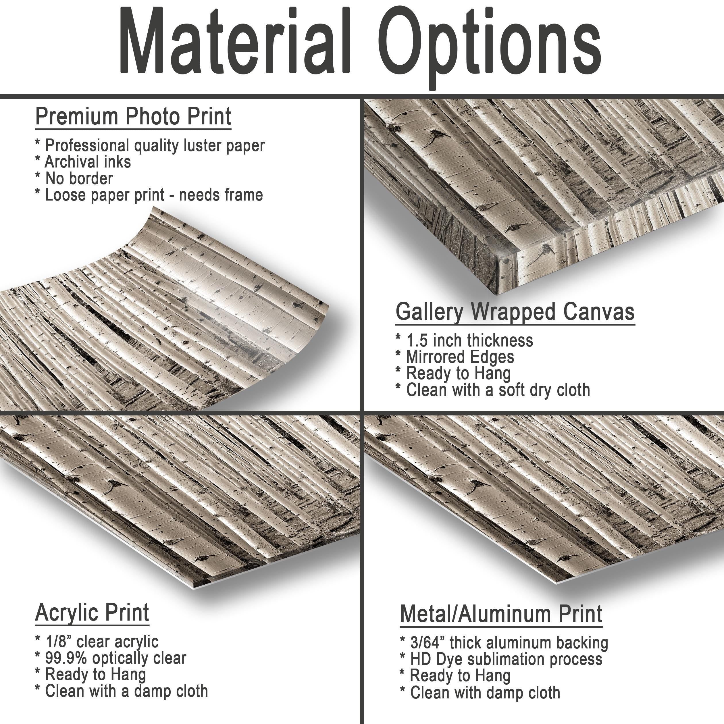 The image is a collage of four different material options, including a premium photo print, a gallery wrapped canvas, an acrylic print, and a metal/aluminum print. Each option has its own unique characteristics, such as professional quality luster paper, archival inks, no border, loose paper print, mirrored edges, and a soft dry cloth for cleaning.