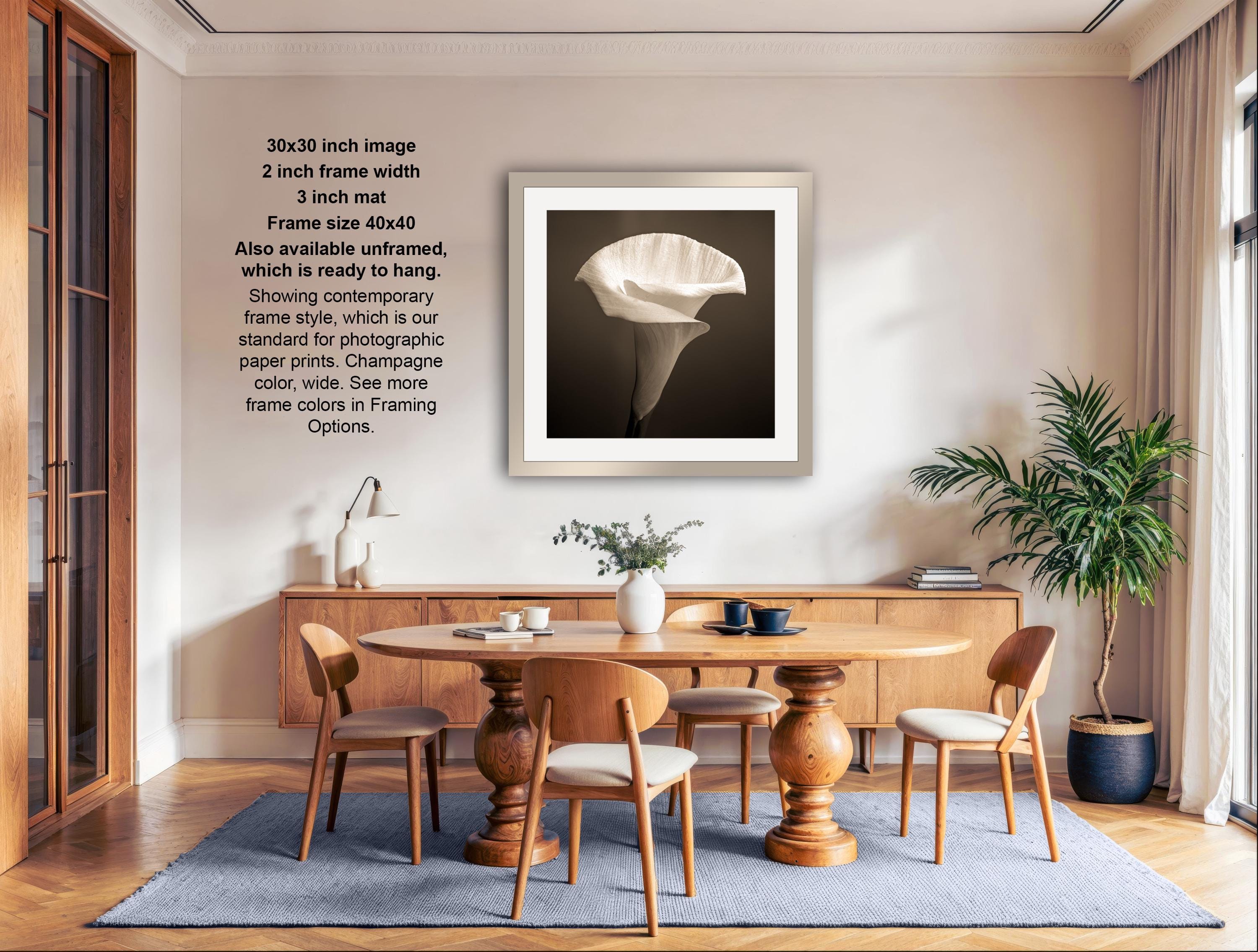 The image is a modern dining room with a wooden table and chairs, a potted plant, and a framed photograph hanging on the wall.