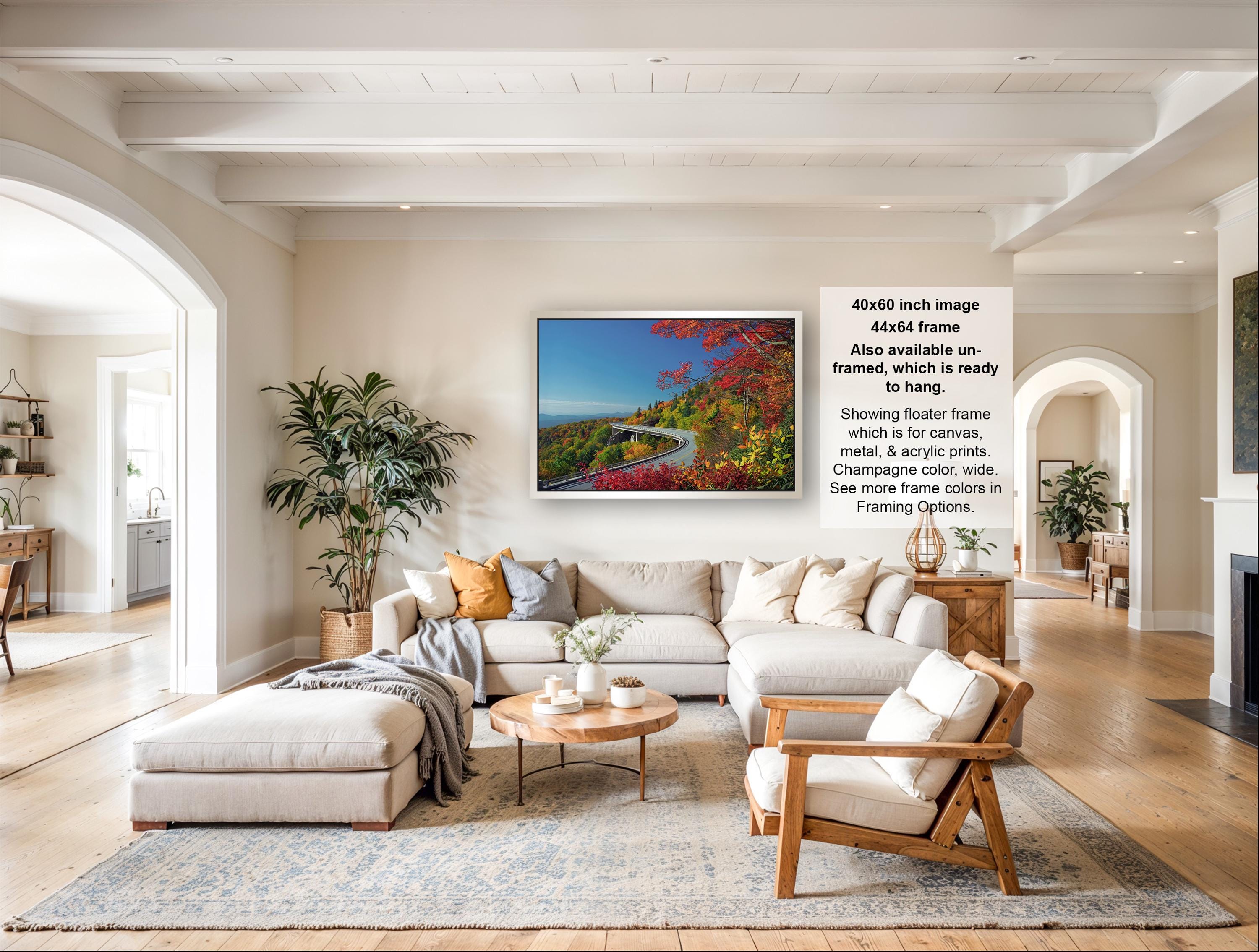 The image is a large framed picture of a scenic landscape, hanging on a wall in a spacious living room.