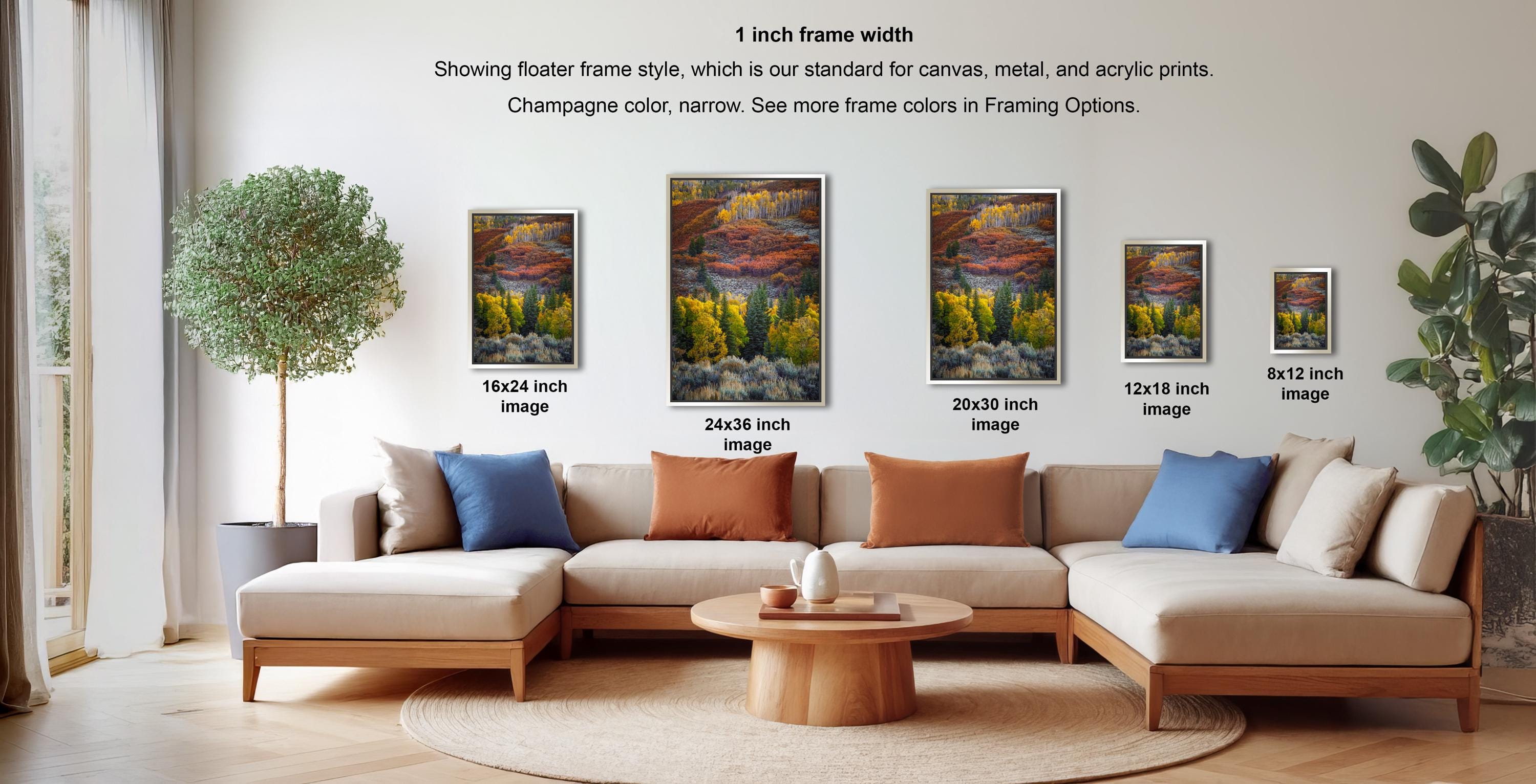 a living room with a large sectional sofa, a coffee table, and a potted plant. There are four framed landscape paintings displayed on the wall, each with a different frame size ranging from 16.24 to 12.18 inches in height. The paintings feature a variety of colors and styles, creating a visually appealing and harmonious display.