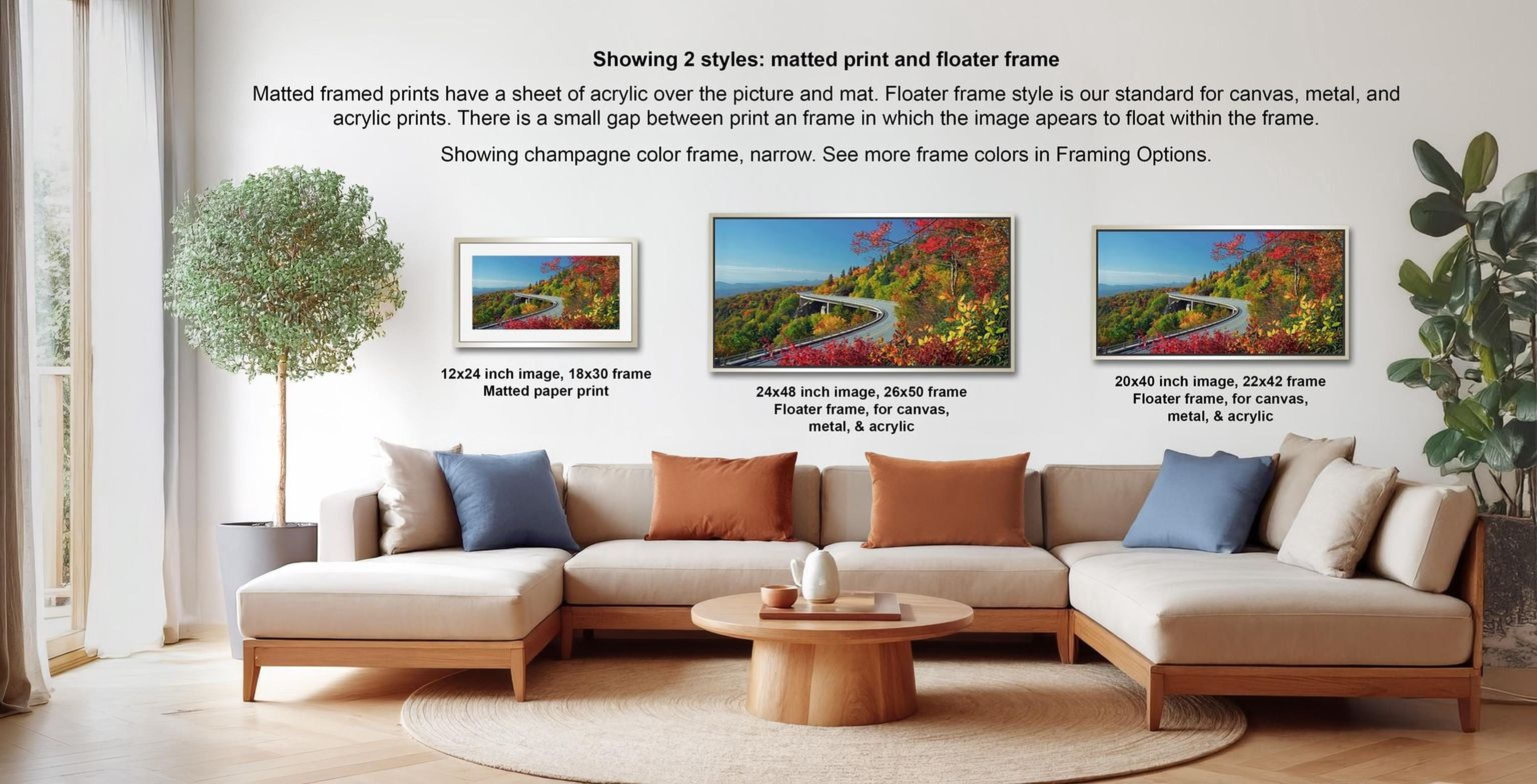 a living room with a large, L-shaped sectional sofa and a coffee table. There are three framed prints displayed on the wall, each with a different frame style and size. The text provides information about the framed prints, including their sizes and frame styles.