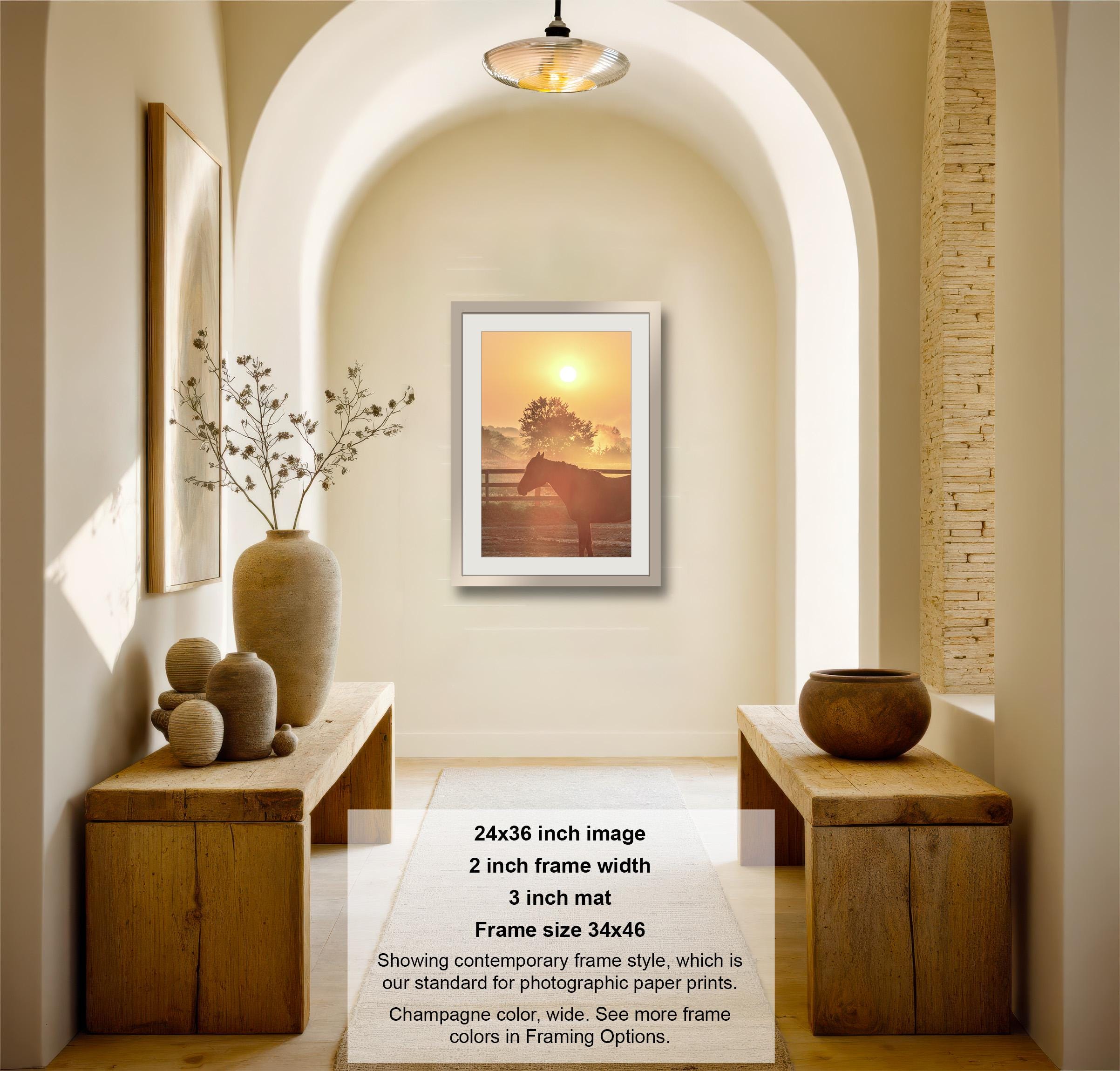 a serene indoor setting with a wooden table, a vase of flowers, and a framed picture of a horse in a sunset. The image is described as a 24x36 inch picture with a 2-inch frame width and a 3-inch mat, and it is framed in a size of 34x46. The image showcases a contemporary frame style, and it is described as a champagne color, suggesting that it is a high-quality print.