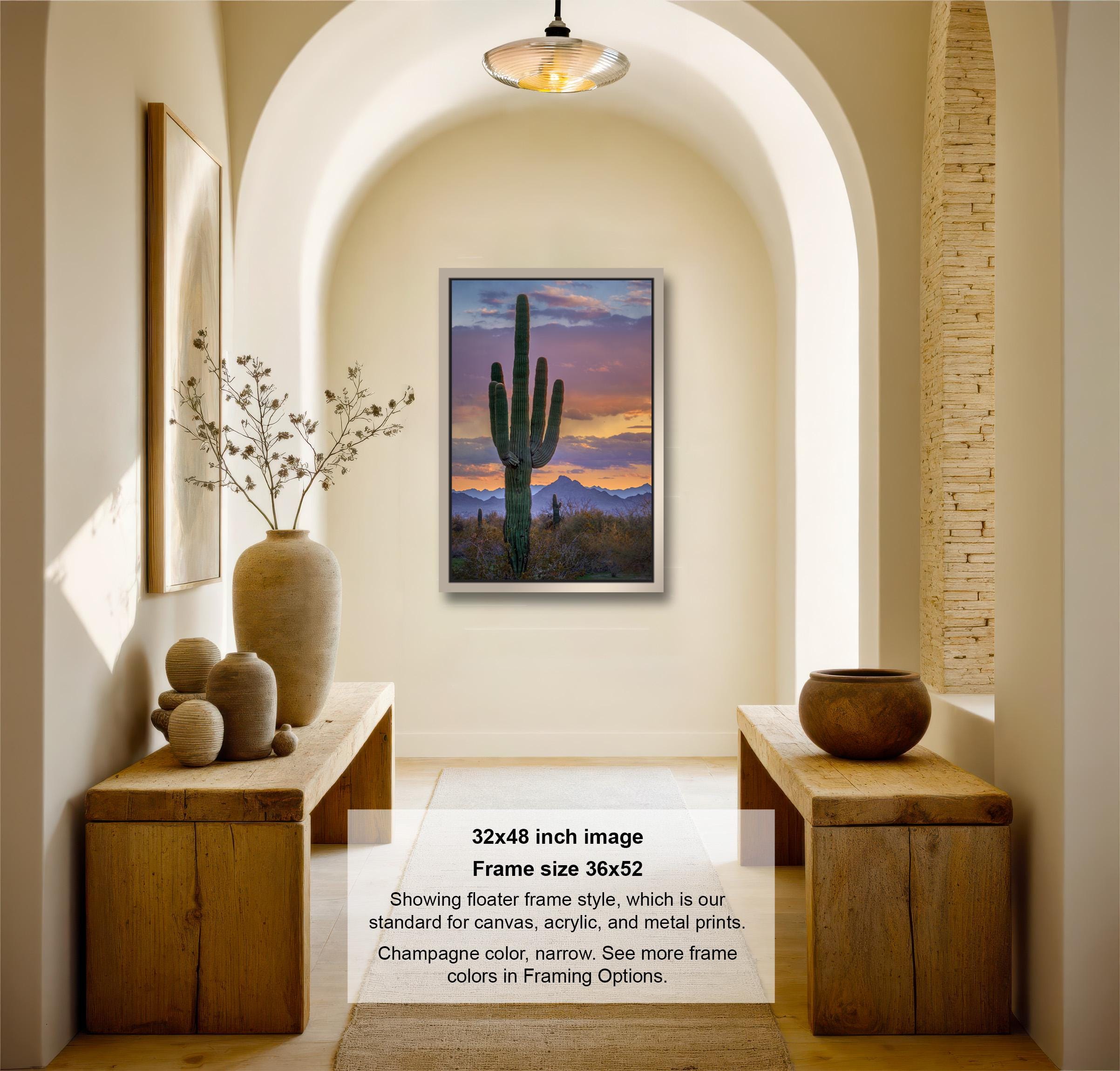 a framed photograph of a cactus against a sunset sky, hanging on a wall in a room with wooden furniture and decorative items.