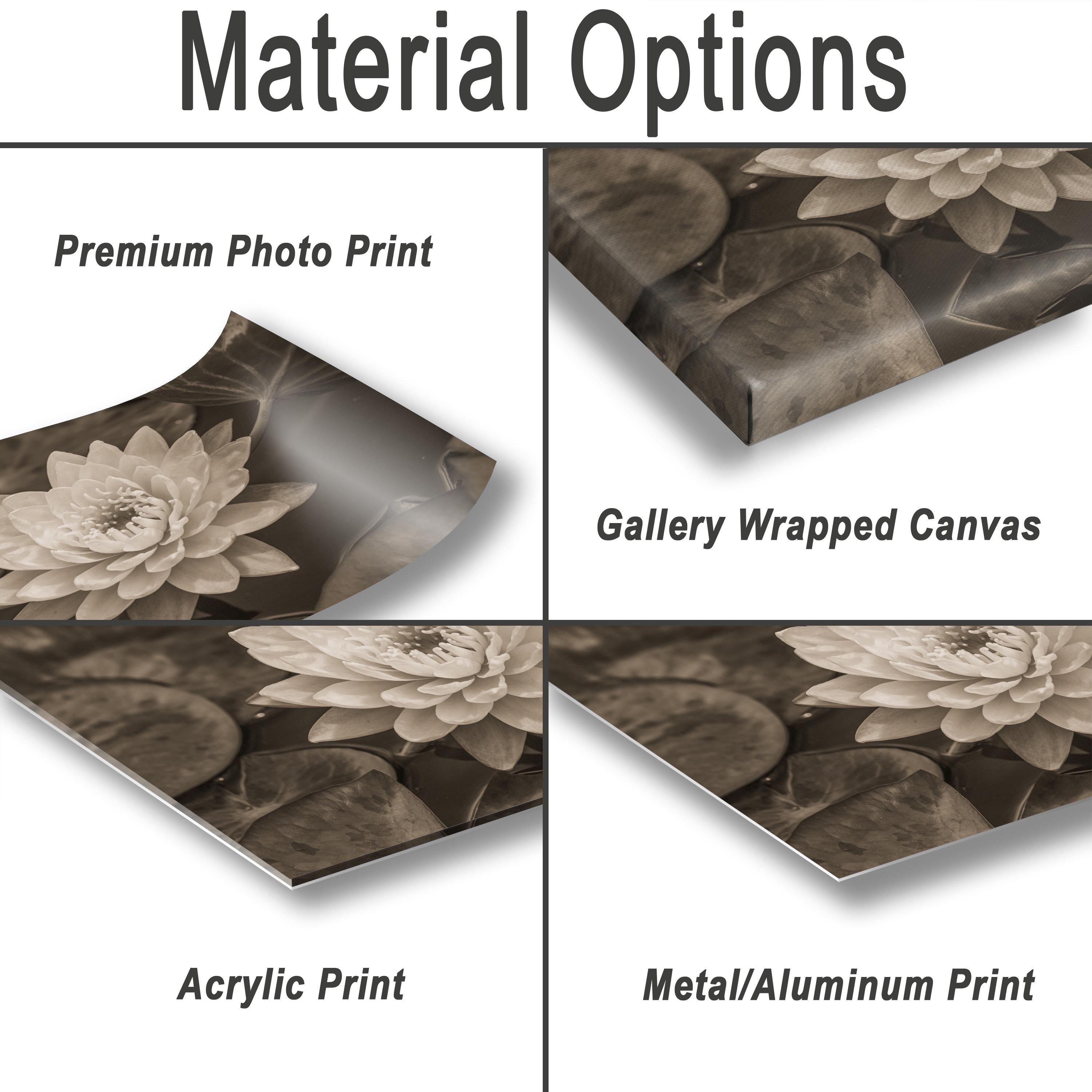 The image is a collage of four different print options for a floral image, including a premium photo print, a gallery wrapped canvas, an acrylic print, and a metal/aluminum print.
