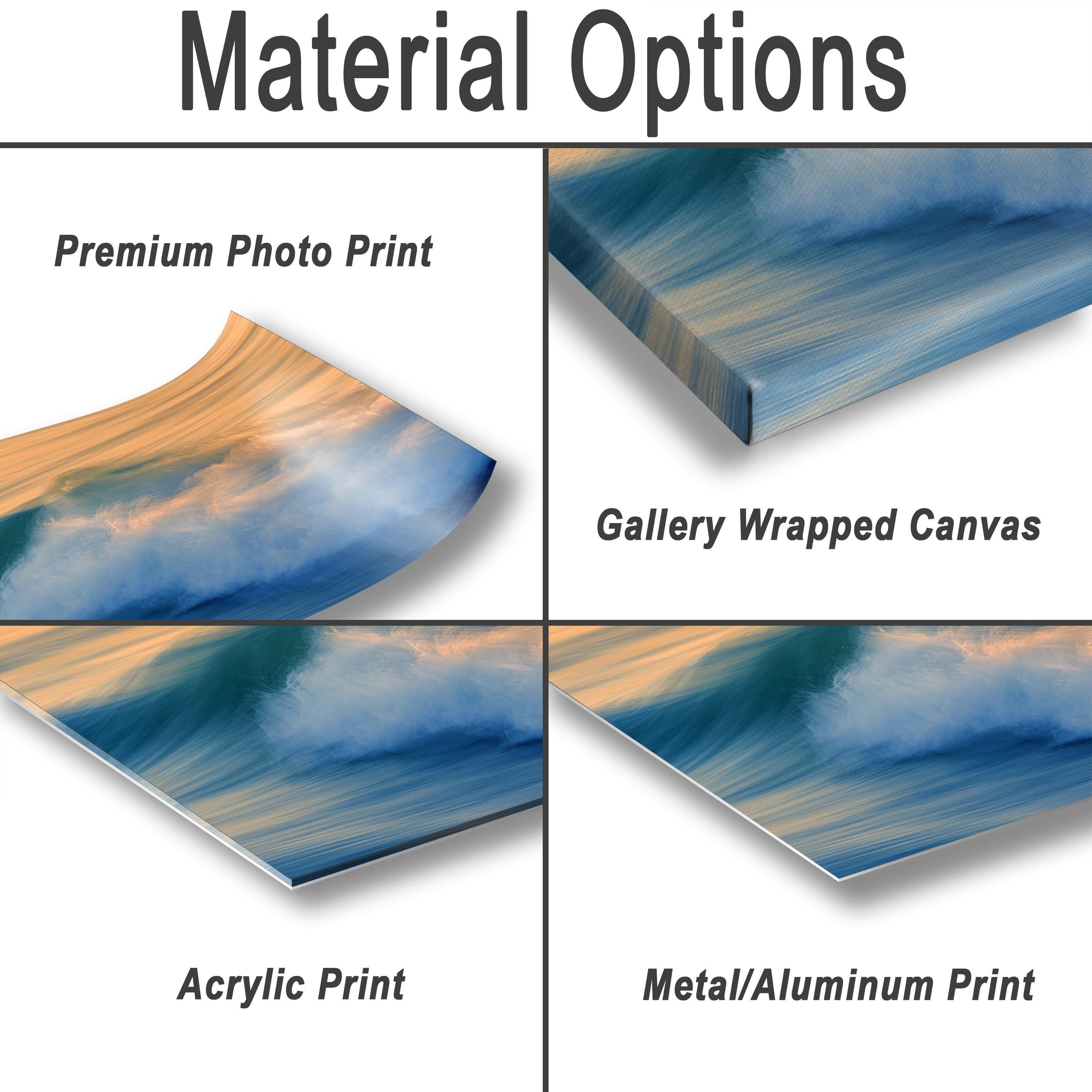 various types of printed materials, including a premium photo print, a gallery wrapped canvas, an acrylic print, and a metal/aluminum print.
