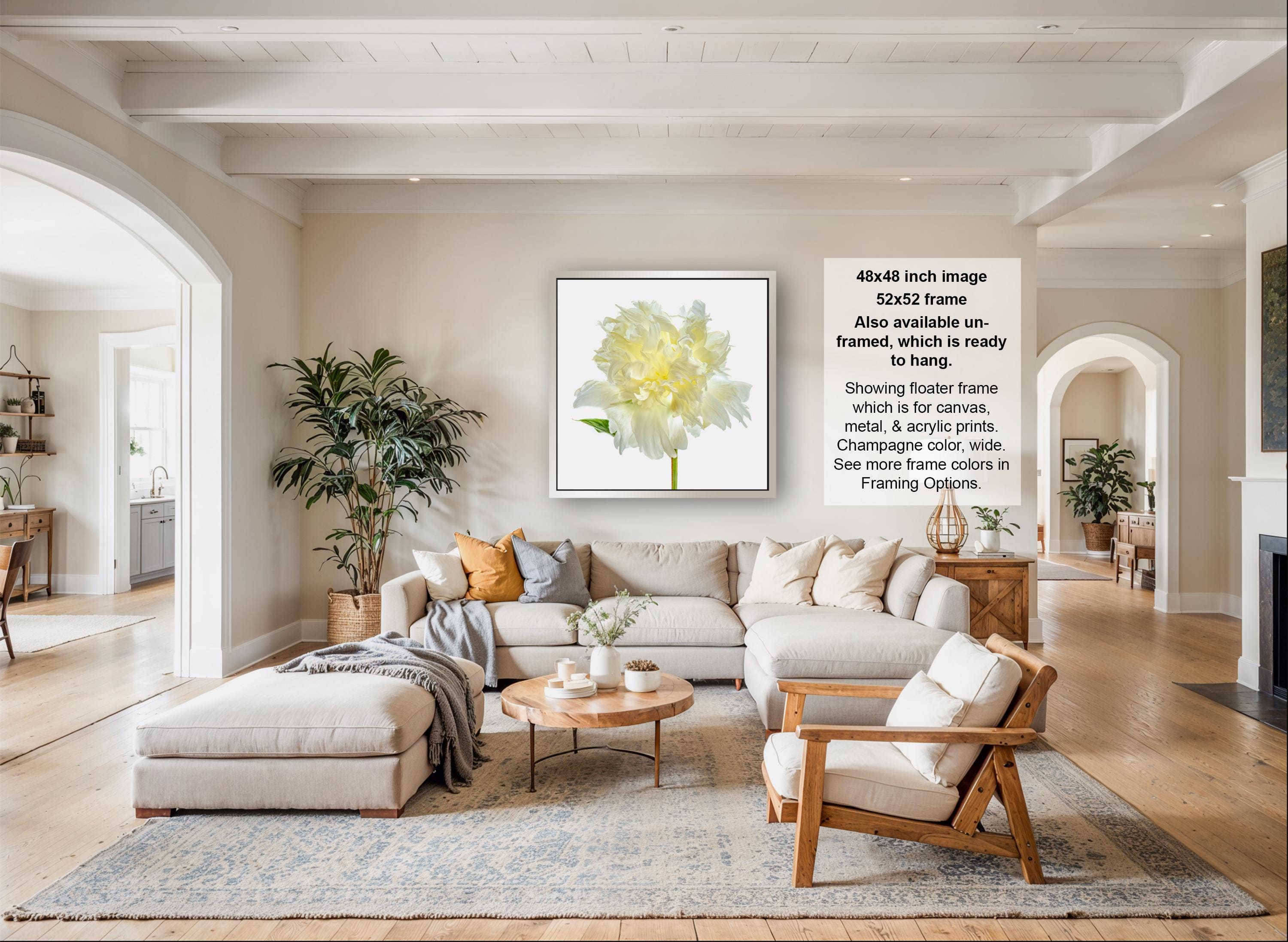 A modern living room with a large white sofa, a wooden coffee table, and a large framed print of a yellow flower on the wall.