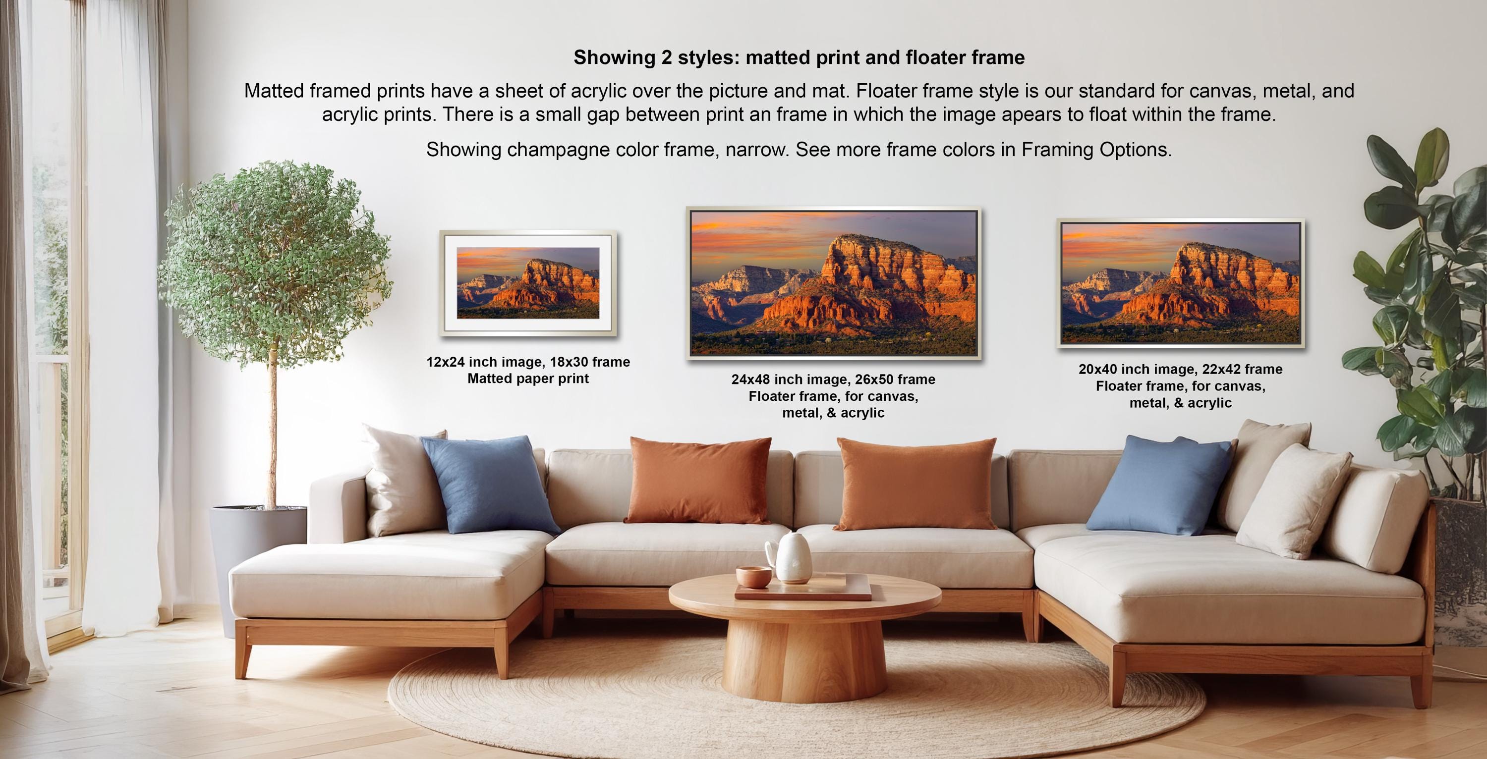 a living room with a large sectional sofa and a coffee table. There are three framed prints displayed on the wall, each with a different frame style and size. The text provides information about the framed prints, including their sizes and frame styles.