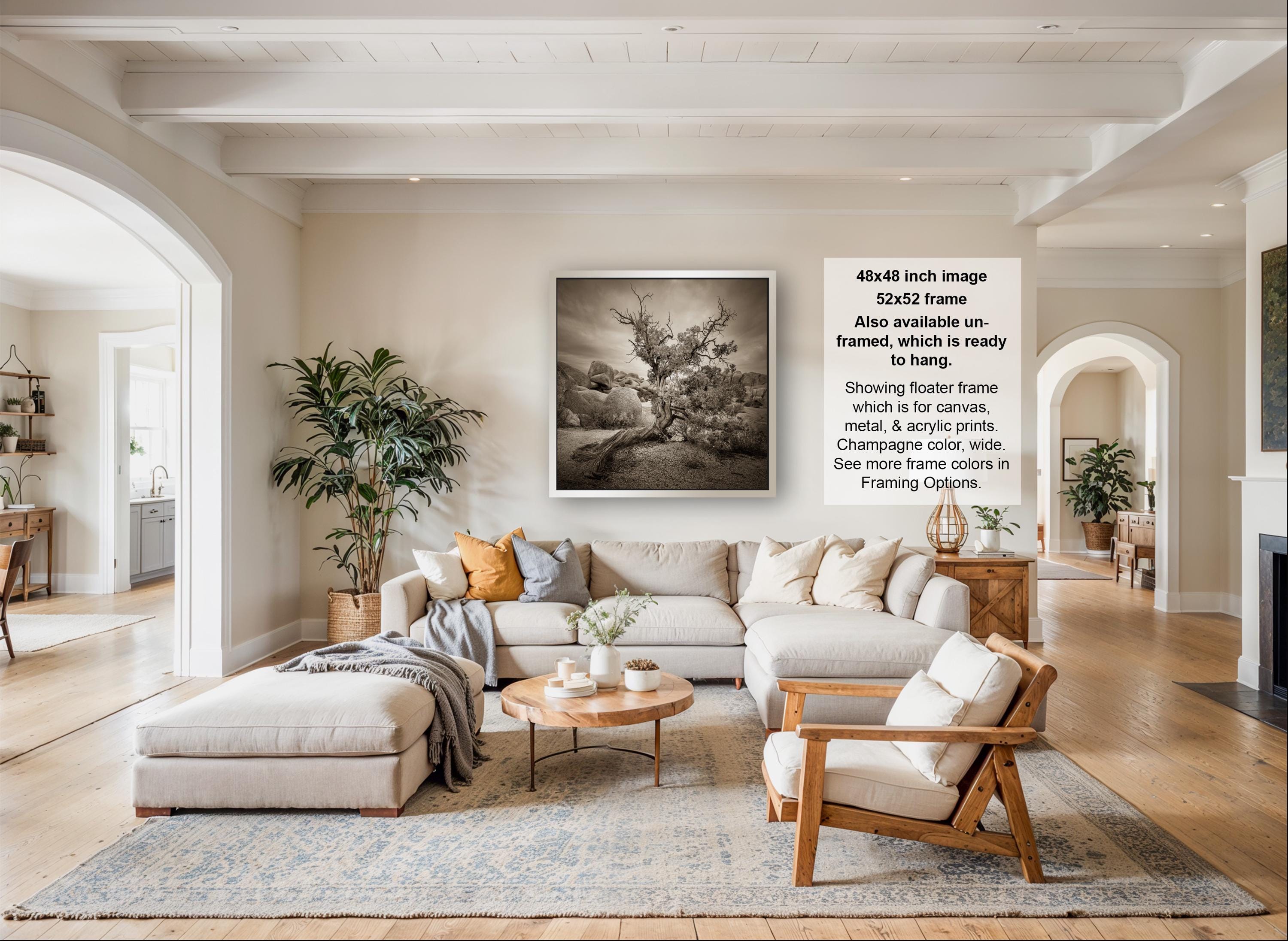 A spacious living room with a large sofa, a coffee table, and a fireplace. The room is decorated with various plants and has a neutral color palette.