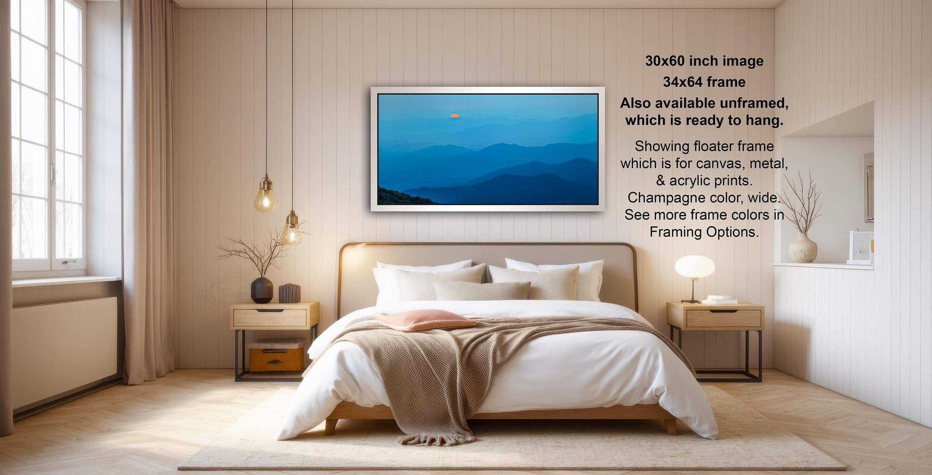 The image is a modern bedroom with a large bed, wooden furniture, and a framed landscape painting hanging on the wall. The painting depicts a serene mountain landscape with a clear blue sky and a bright sun. The room has a minimalist and elegant design, with a neutral color palette and a touch of natural elements like a vase and a potted plant.