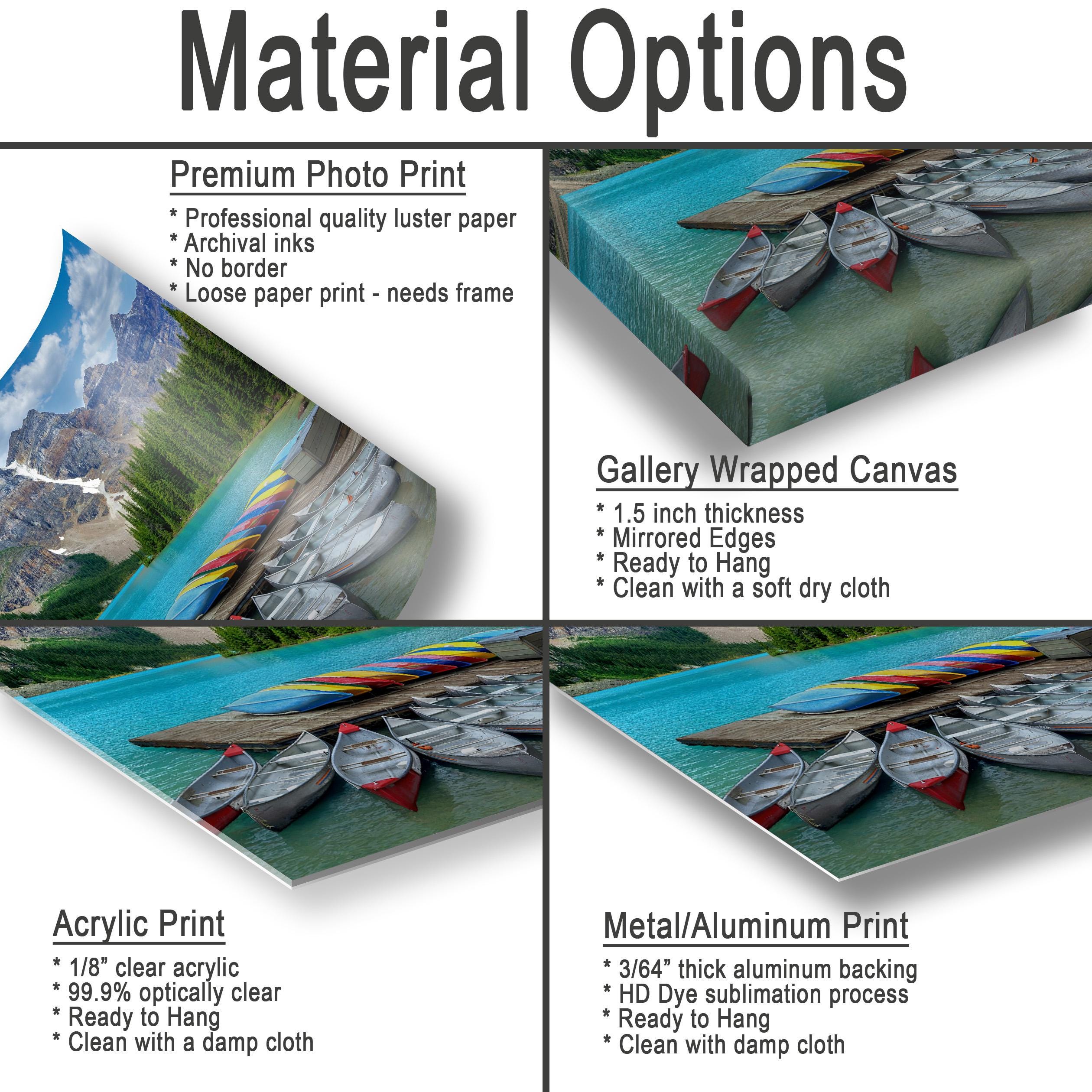 The image is a collage of four different types of printed materials, including a premium photo print, a gallery wrapped canvas, an acrylic print, and a metal/aluminum print. Each type of print has its own unique characteristics and uses, such as professional quality luster paper, archival inks, and different frame options.