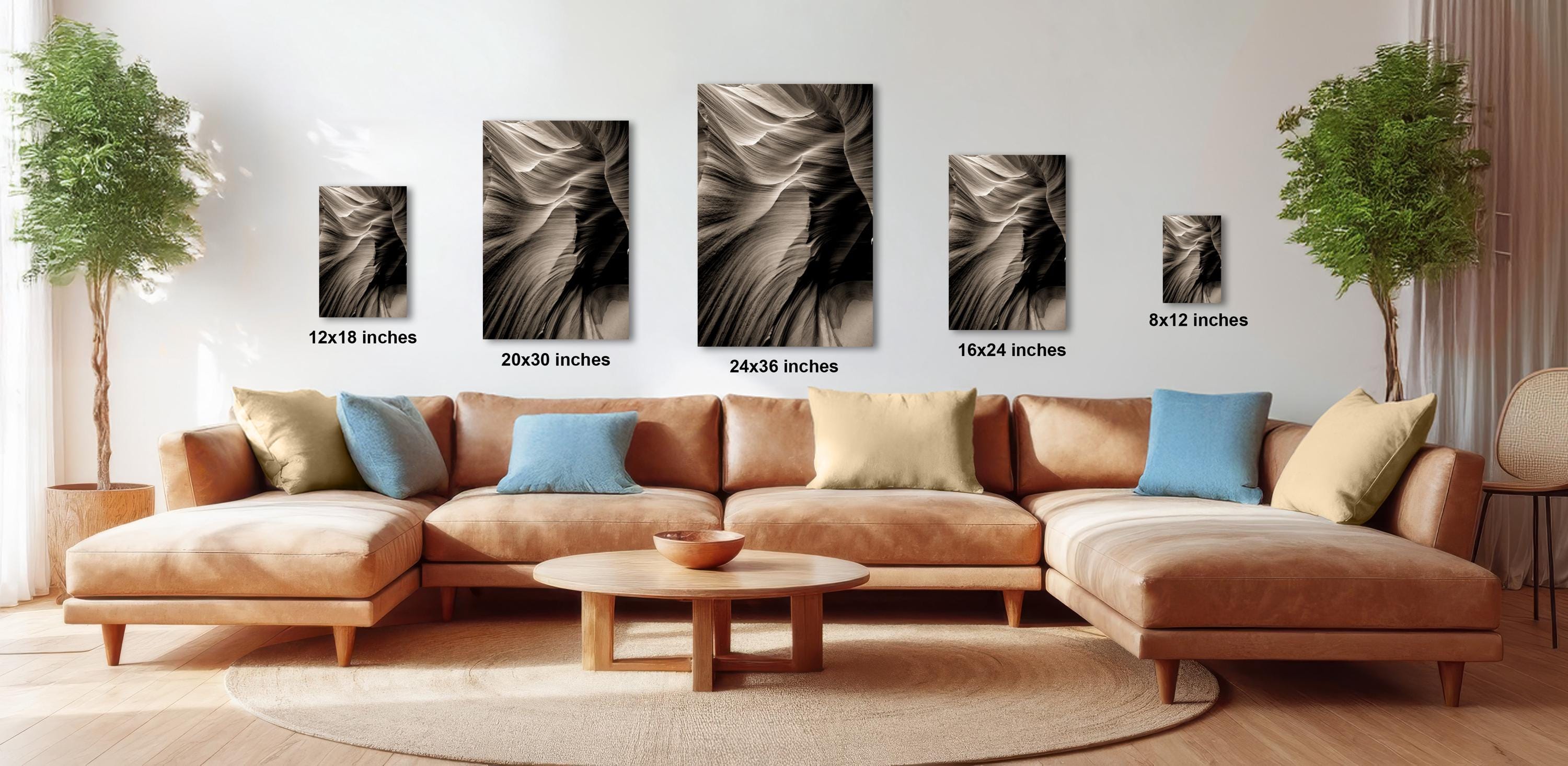 a modern living room with a large sectional sofa, a coffee table, and several potted plants. The sofa is positioned in front of a wall with four framed black and white photographs of abstract designs, each with a different size and resolution.
