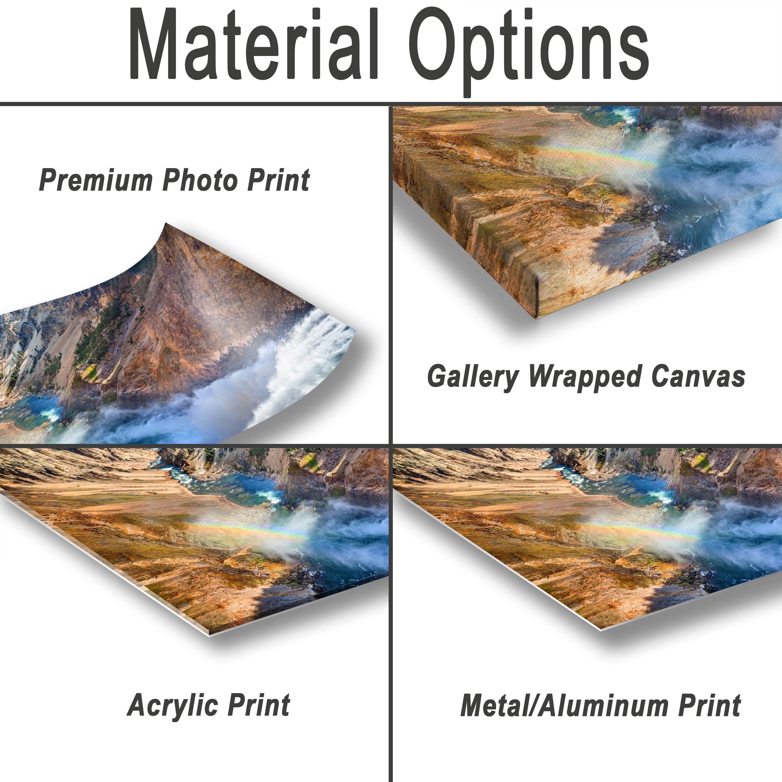 various types of print options for a landscape photograph, including a premium photo print, a gallery wrapped canvas, an acrylic print, and a metal/aluminum print.