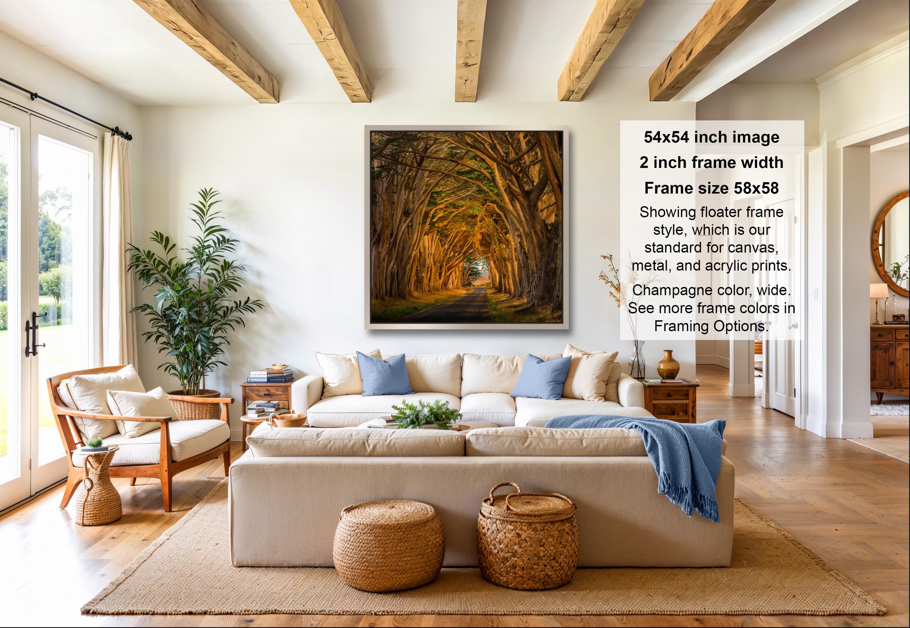 A large framed photograph of a tree-lined path is displayed on the wall of a modern living room with a beige sofa, wooden coffee table, and woven baskets.
