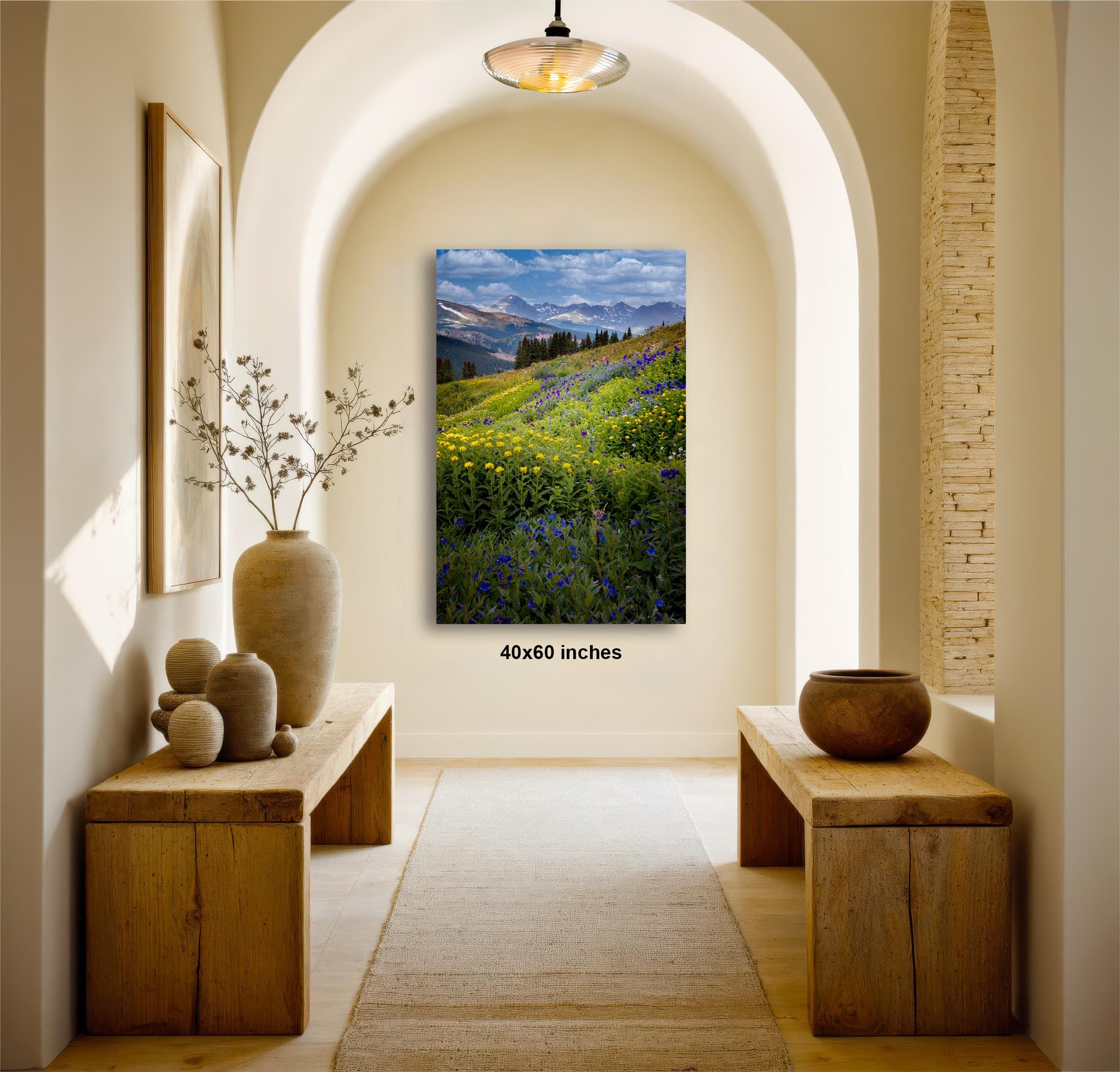 a serene and inviting hallway with a large painting of a vibrant field of flowers hanging on the wall. The painting is framed in a wooden frame and measures 4060 inches in size. The hallway features wooden benches and tables, creating a warm and cozy atmosphere. The overall scene conveys a sense of tranquility and natural beauty.
