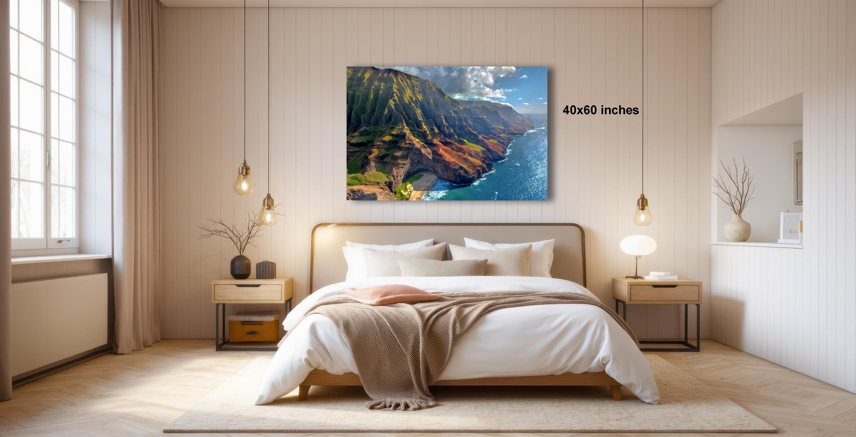 a serene bedroom with a large bed, wooden furniture, and a painting of a mountainous landscape hanging on the wall.