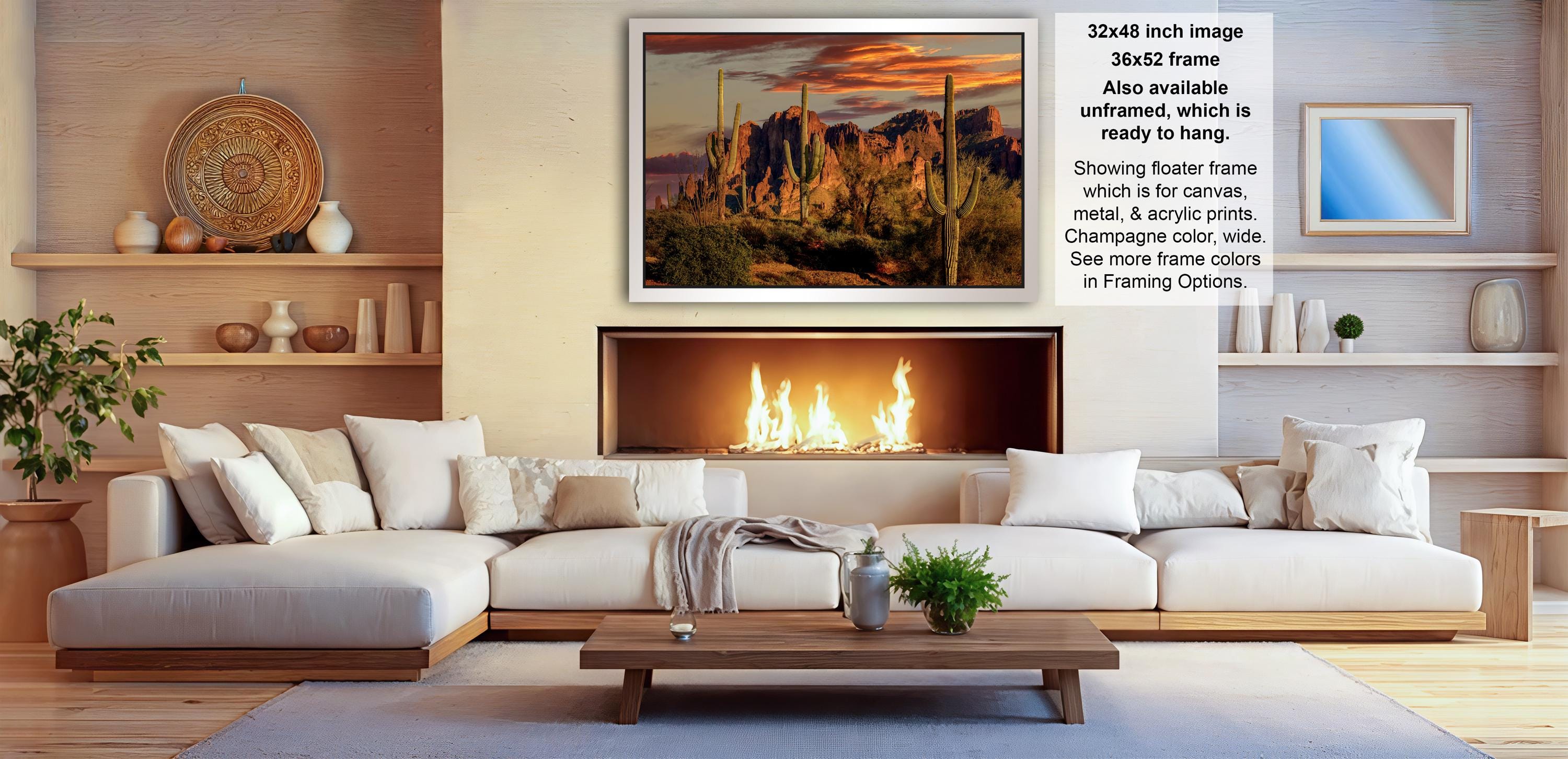 a cozy living room with a fireplace, white sofas, and various decorative elements such as vases and potted plants.