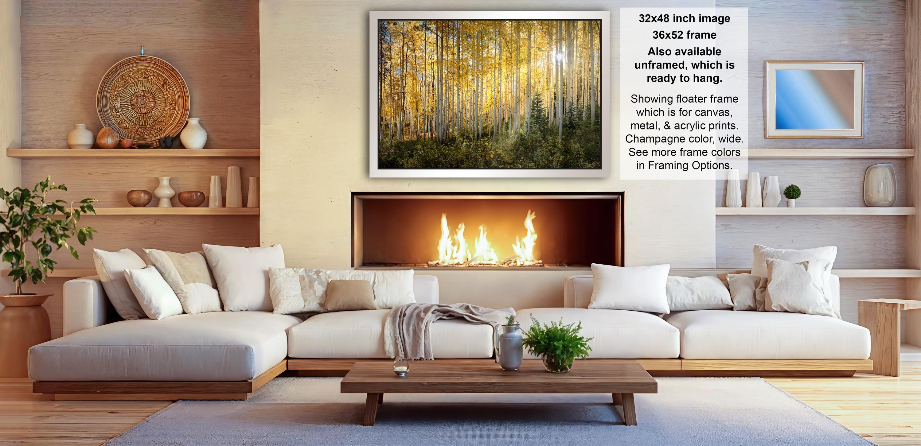 a cozy living room with a fireplace, white sofas, and various decorative elements such as vases and a potted plant.