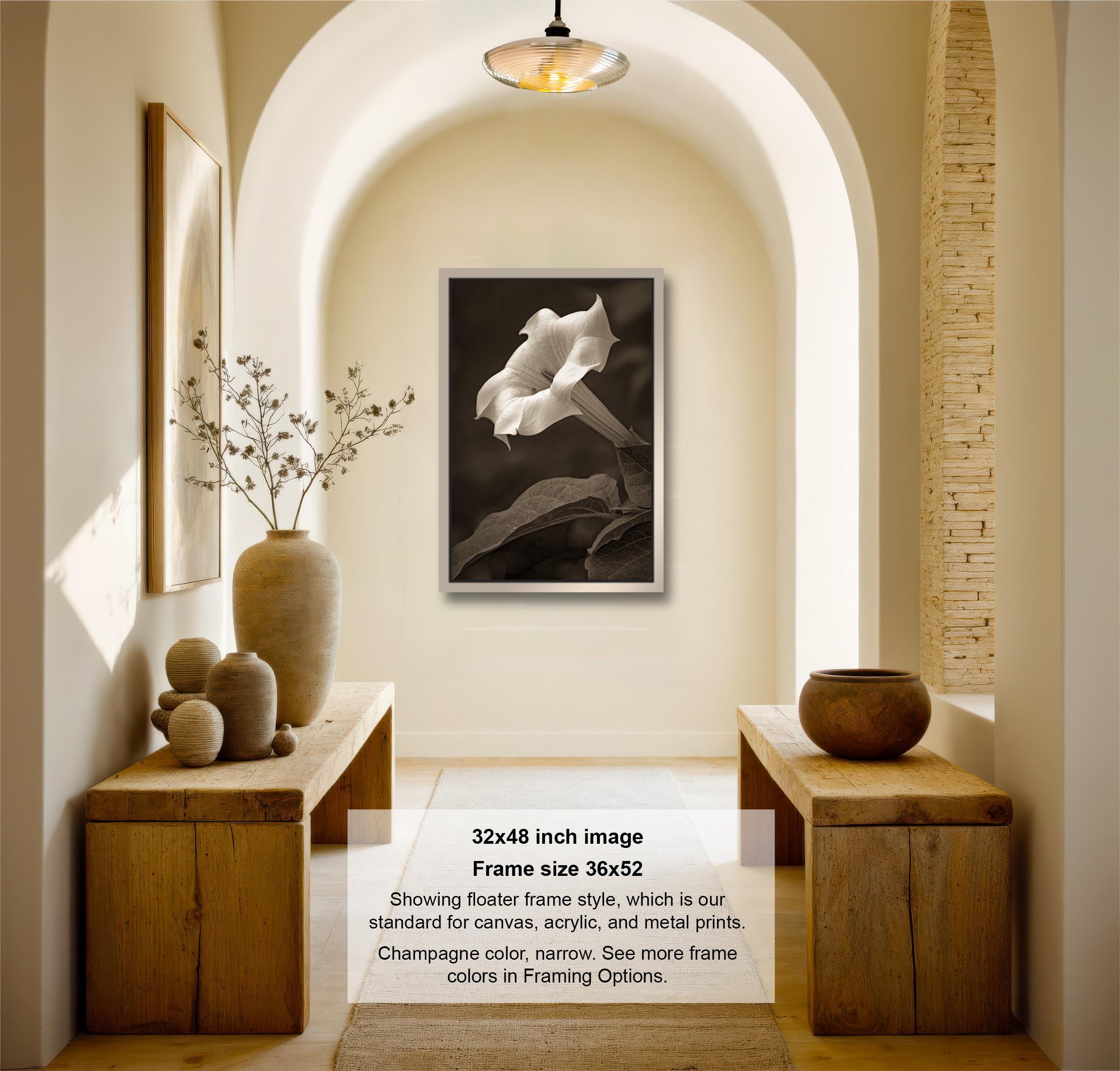 The image is a 32x48-inch framed photograph of a white flower in a black and white frame, hanging on a wall in a room with wooden furniture and decorative items.