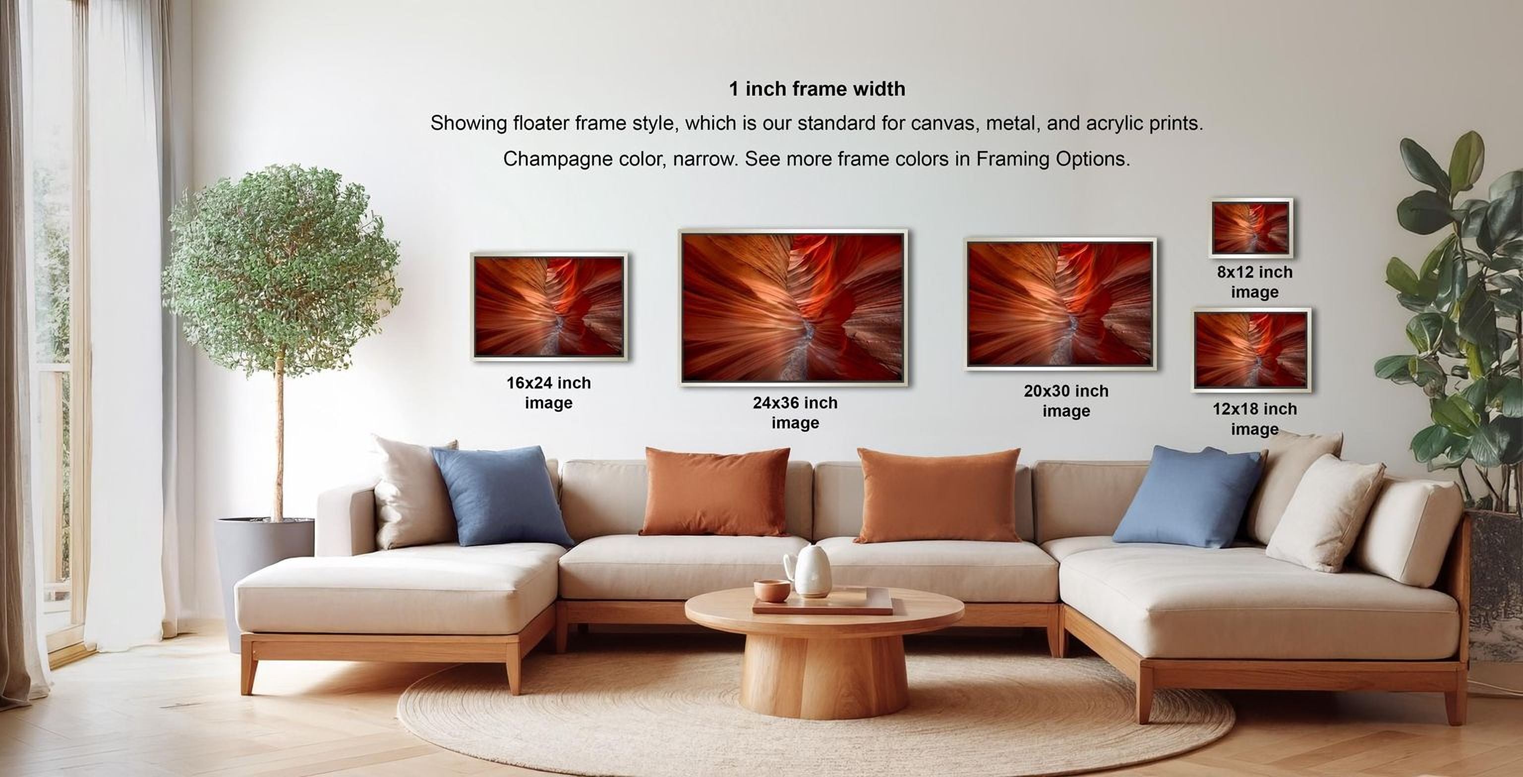 a modern living room with a large sectional sofa, a coffee table, and a potted plant. The wall displays a collection of framed artworks in various sizes, including a 1-inch frame, a 16-24-inch frame, and a 20-30-inch frame. The artworks feature different color schemes and styles, creating a visually appealing and diverse display.