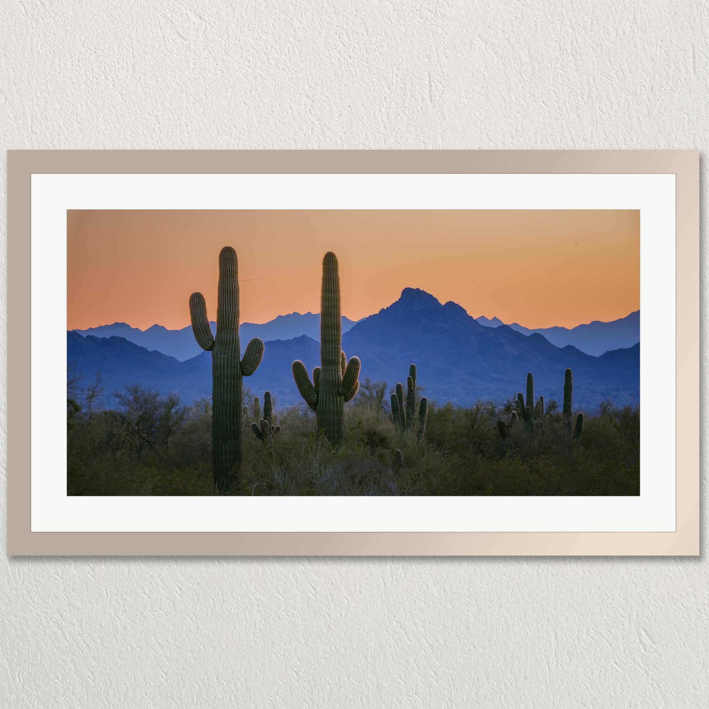A framed photograph depicting a desert landscape with cacti silhouetted against a vibrant sunset sky.