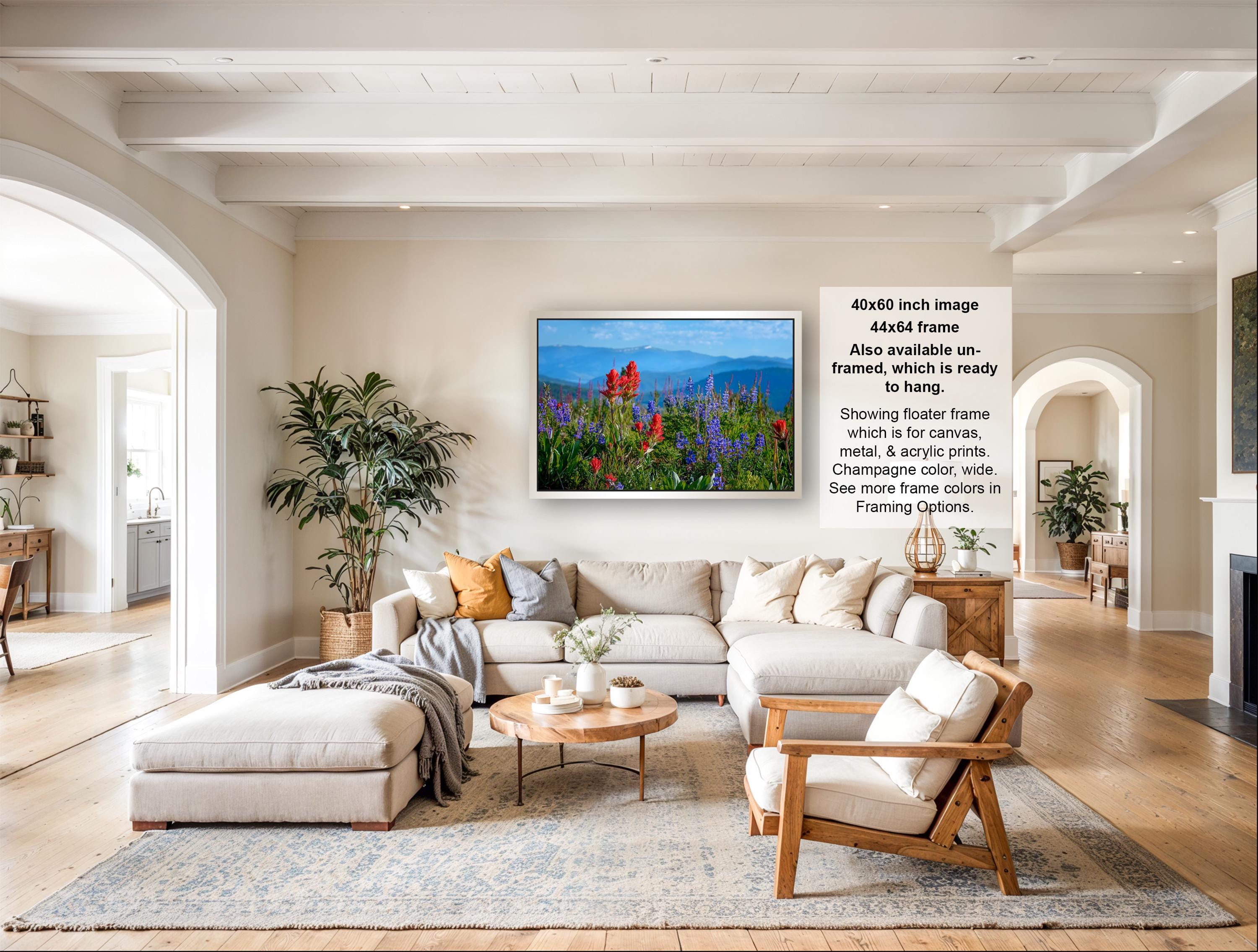 The image is a large framed picture of a field of flowers, hanging on a wall in a living room.
