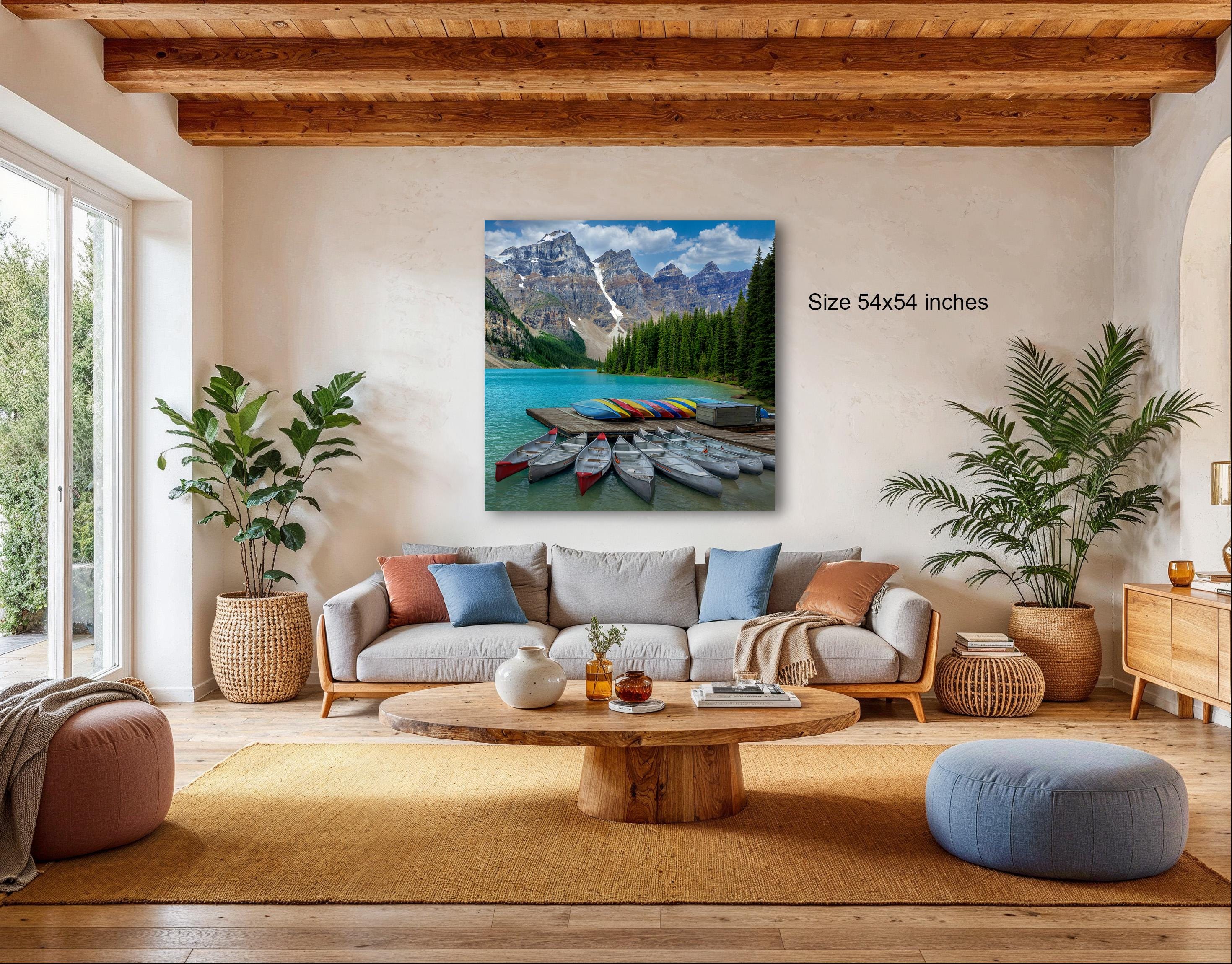 a serene mountain lake scene with a wooden dock and colorful boats, surrounded by lush greenery and a cozy living room setting.