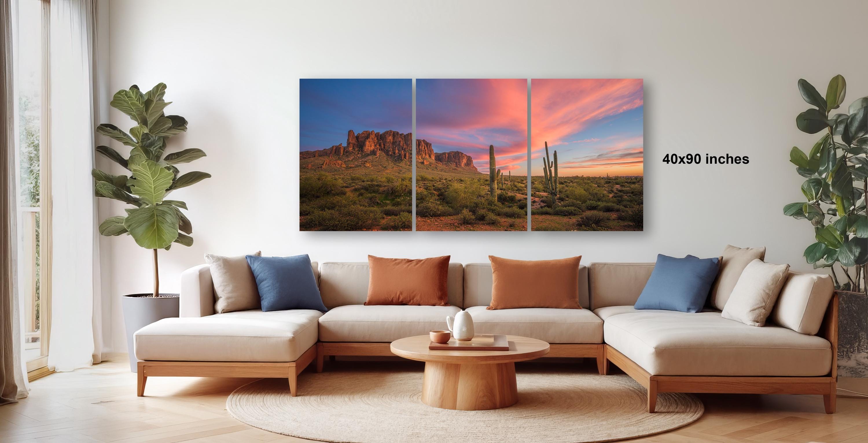 a living room with a large, colorful landscape painting hanging on the wall. The painting depicts a desert scene with mountains and a sunset sky. The room has a comfortable seating arrangement with a sofa and a coffee table. There are also several potted plants and decorative items in the room, creating a cozy and inviting atmosphere.