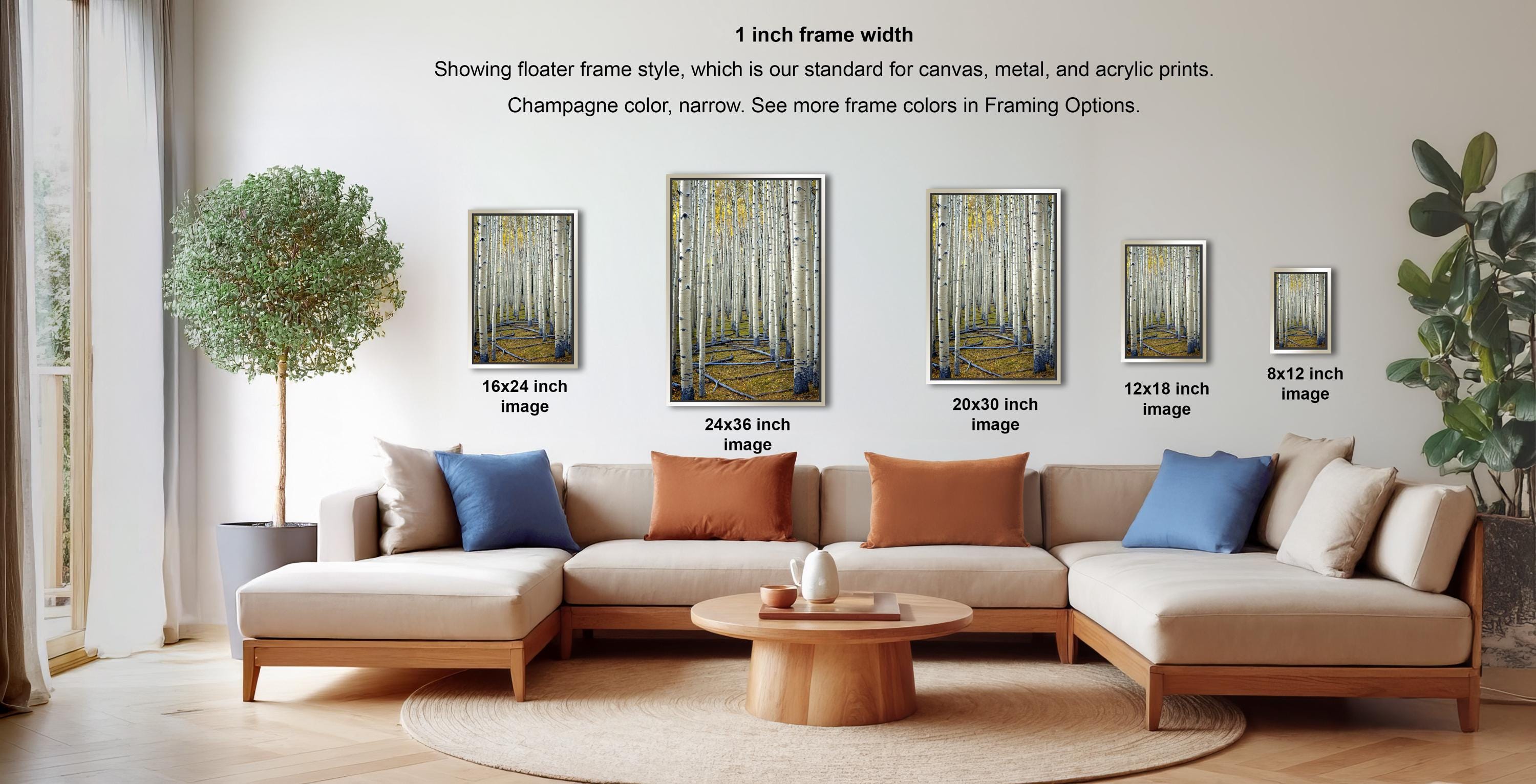 a modern living room with a large sectional sofa, a coffee table, and various framed artworks displayed on the wall.