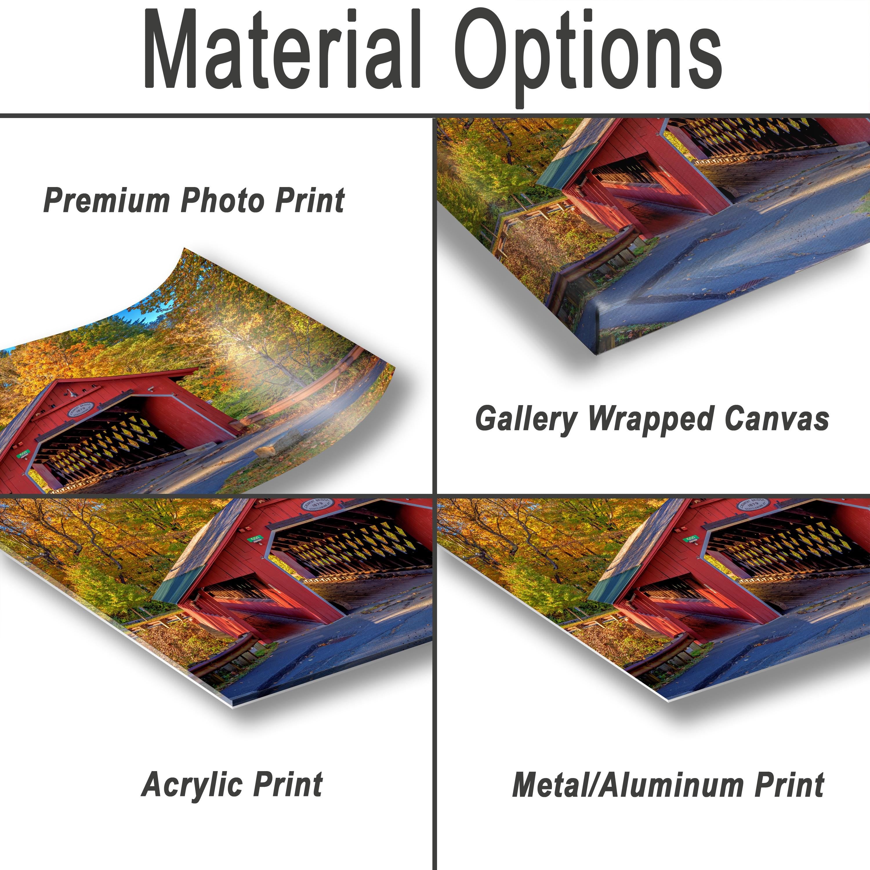 four different types of print options for a photograph of a red bridge, including a premium photo print, a gallery wrapped canvas, an acrylic print, and a metal/aluminum print.