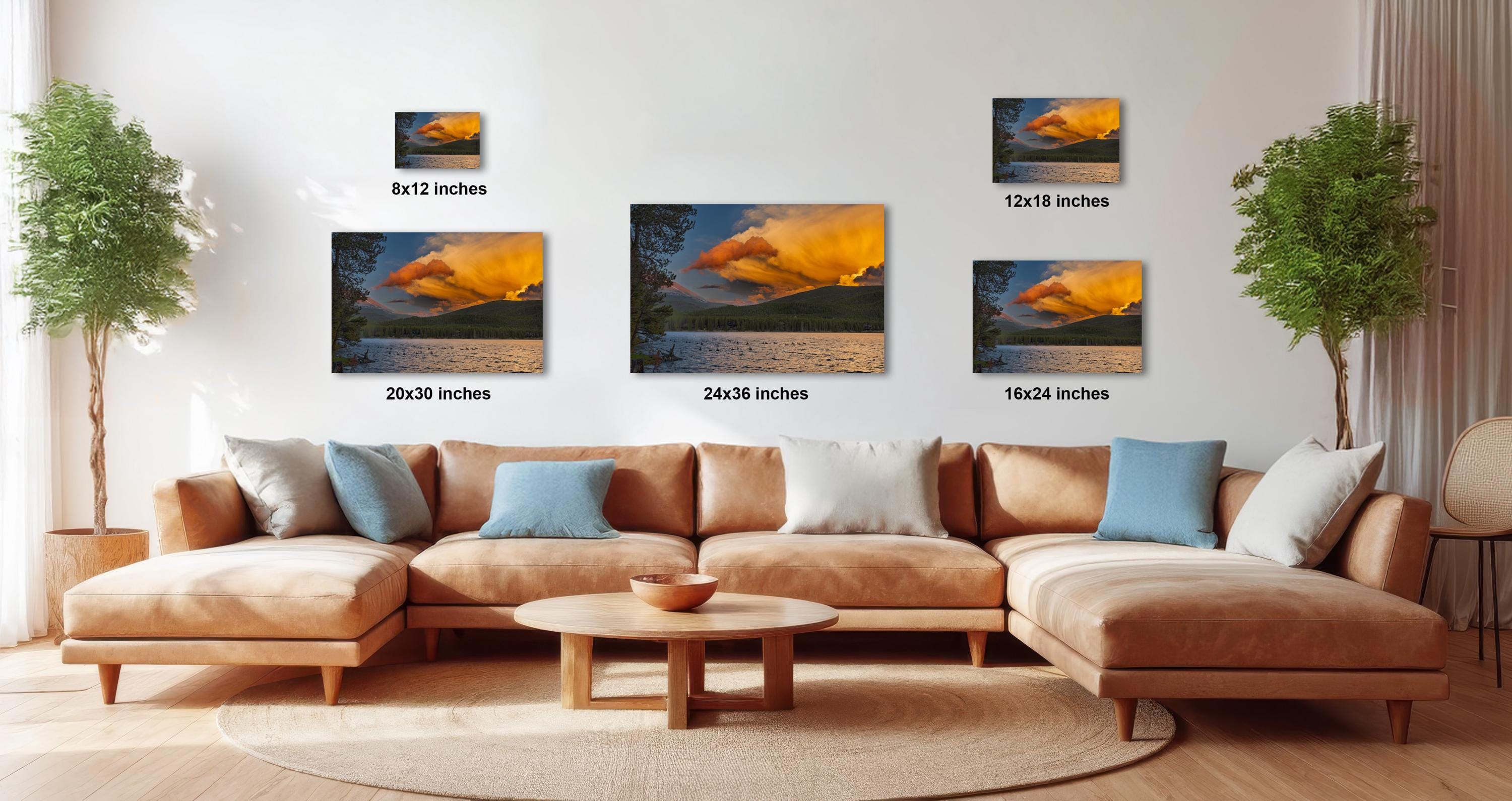 The image is a modern living room with a large sectional sofa, a coffee table, and several potted plants. The walls are decorated with three framed landscape photographs, each varying in size and depicting different scenes. The photographs are arranged in a grid-like pattern, with the largest one at the top and the smallest at the bottom.