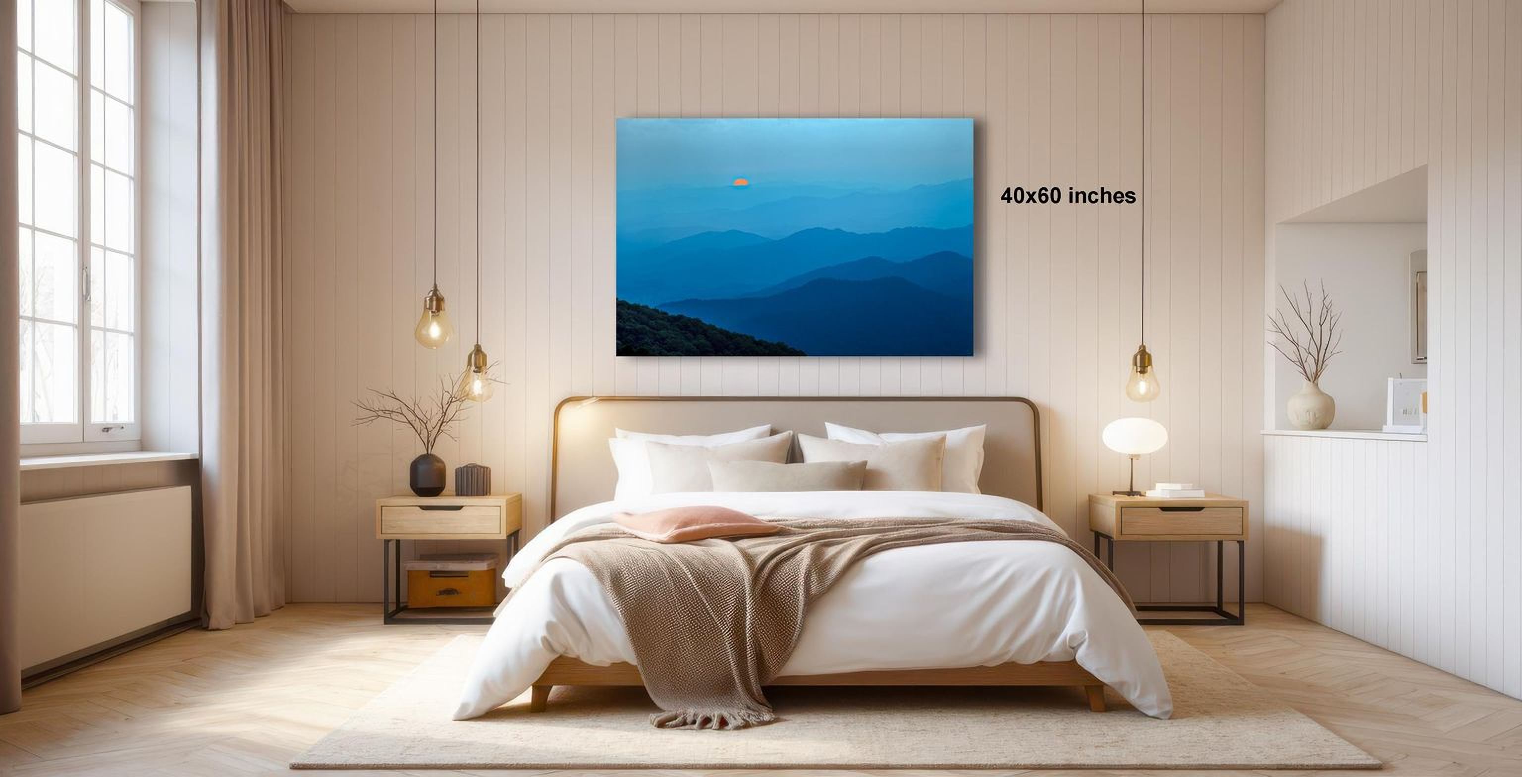 a serene bedroom with a large bed, wooden furniture, and a painting of a mountain landscape hanging on the wall.