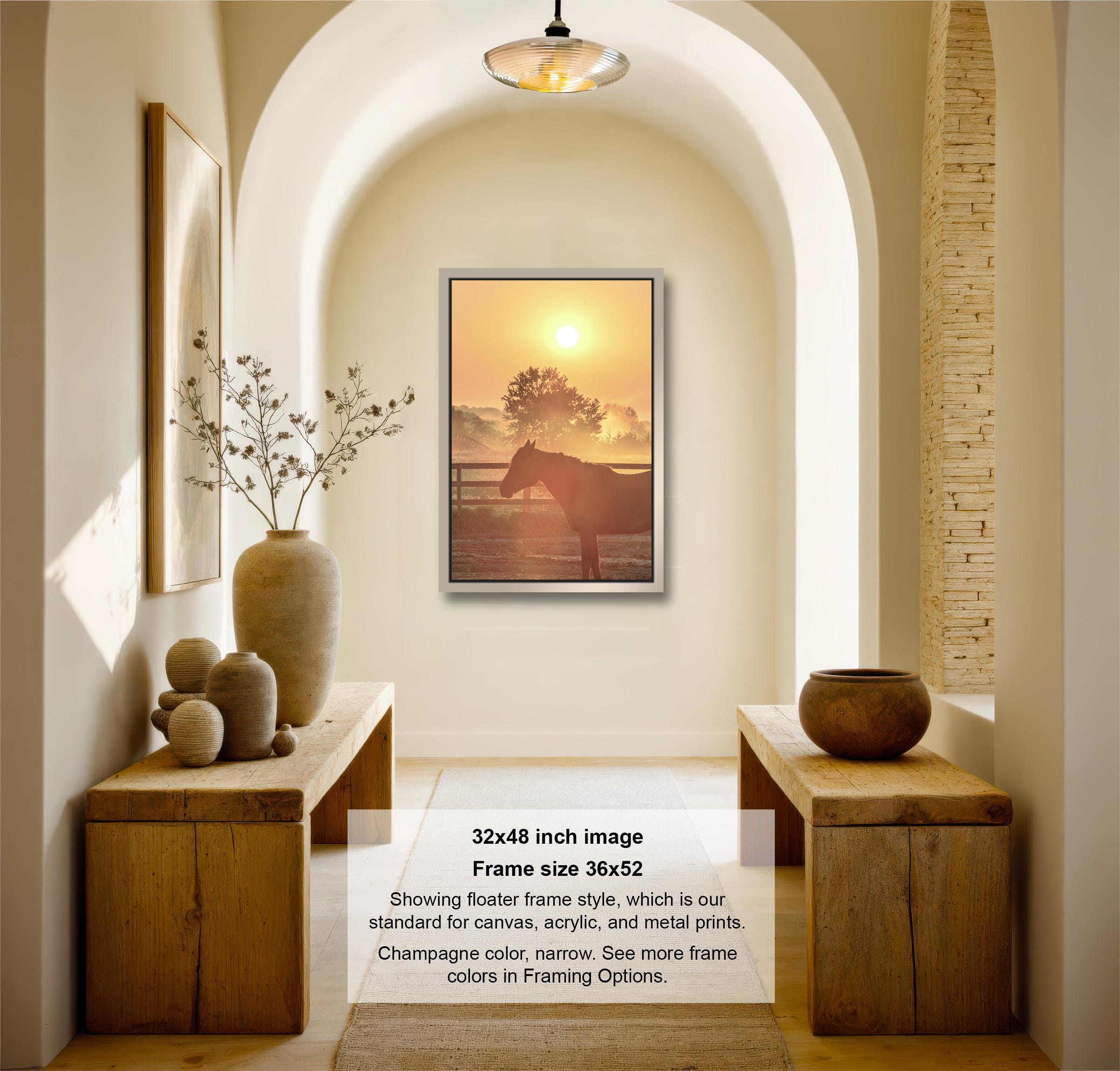 The image is a 32x48-inch framed photograph of a horse in a field at sunset, hanging on a wall in a hallway.