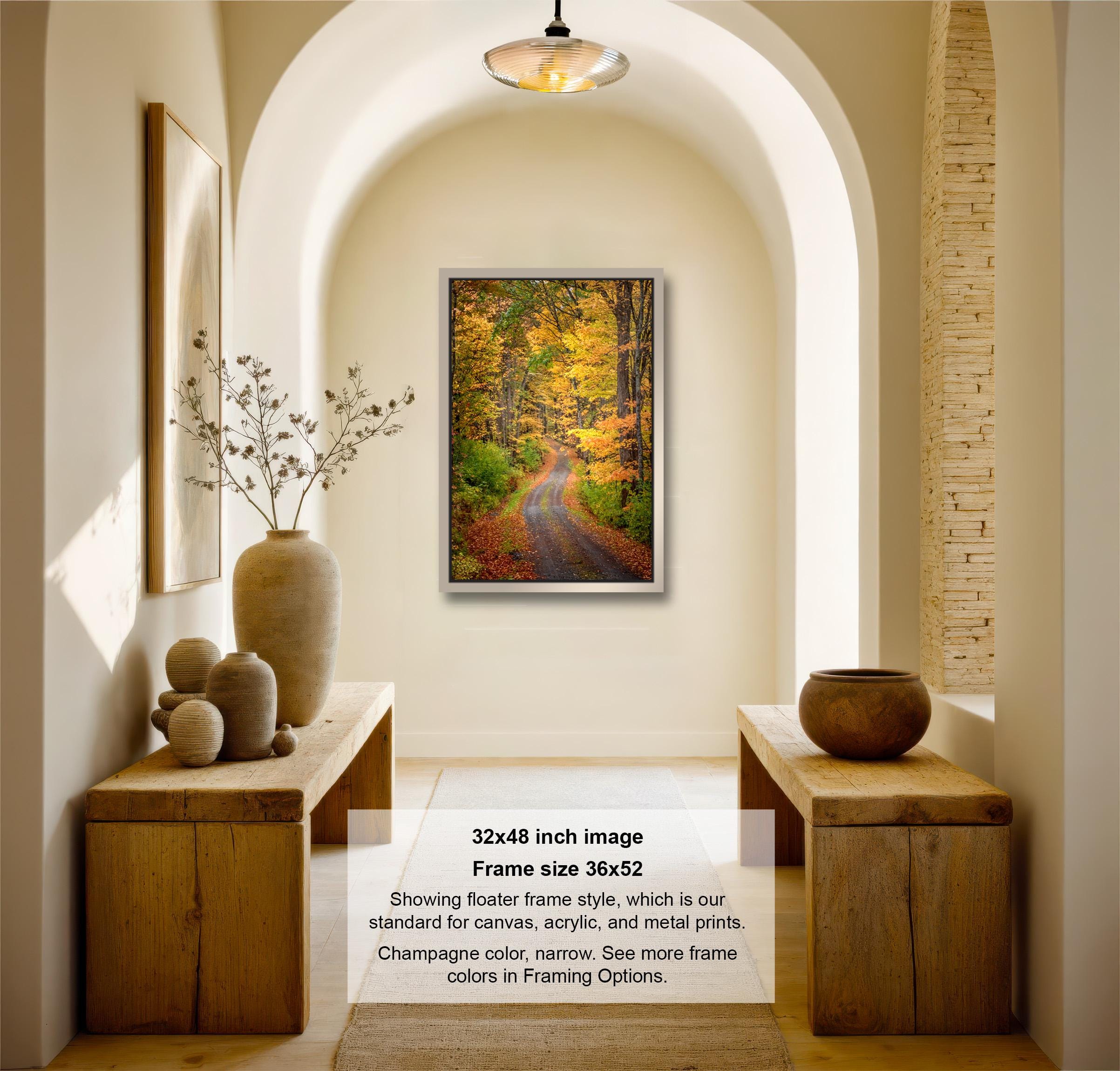 The image is a 32x48-inch framed photograph of a forest path, hanging on a wall in a room with wooden furniture and decorative items.