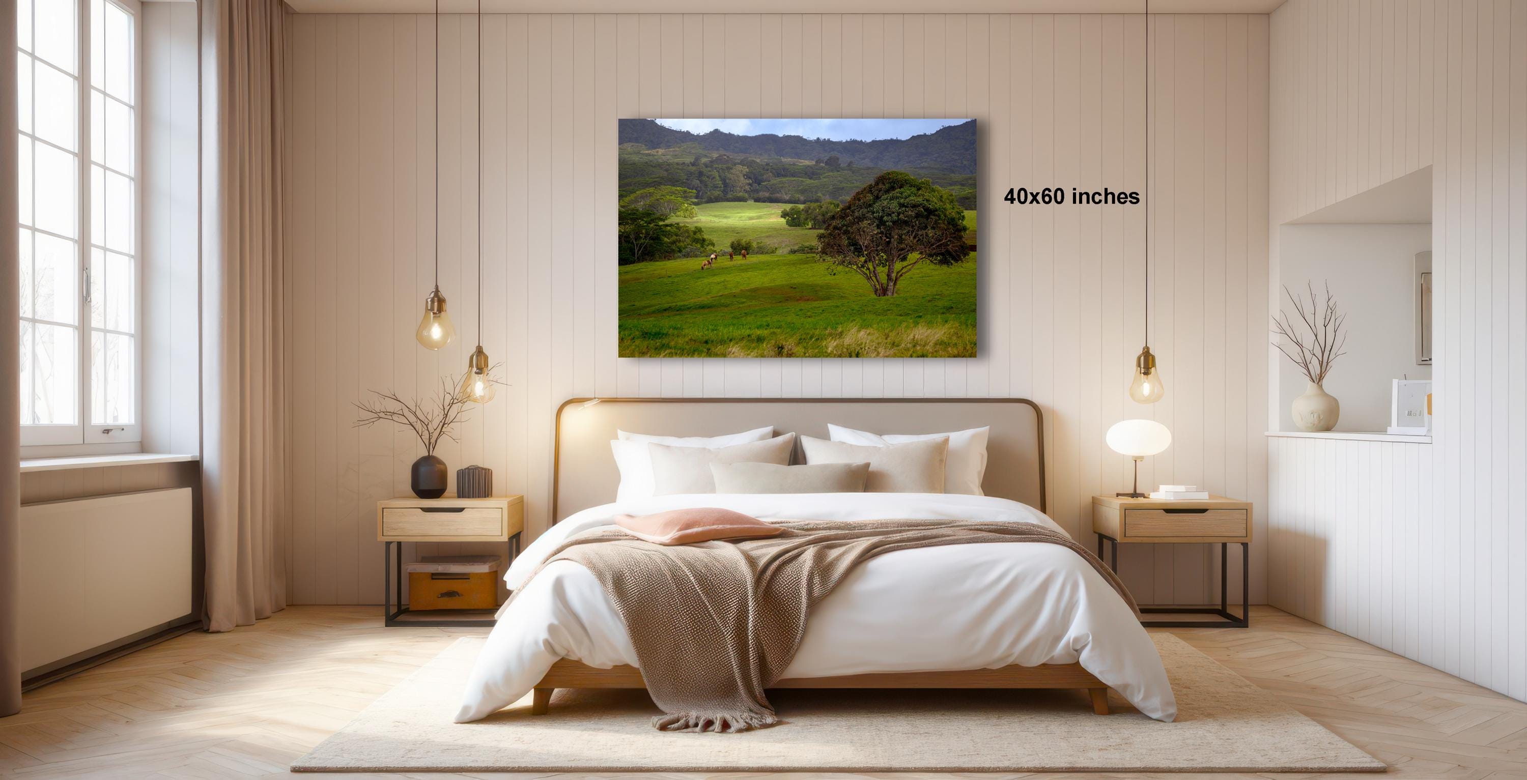 a serene bedroom with a large bed, wooden furniture, and a painting of a lush green field hanging on the wall.