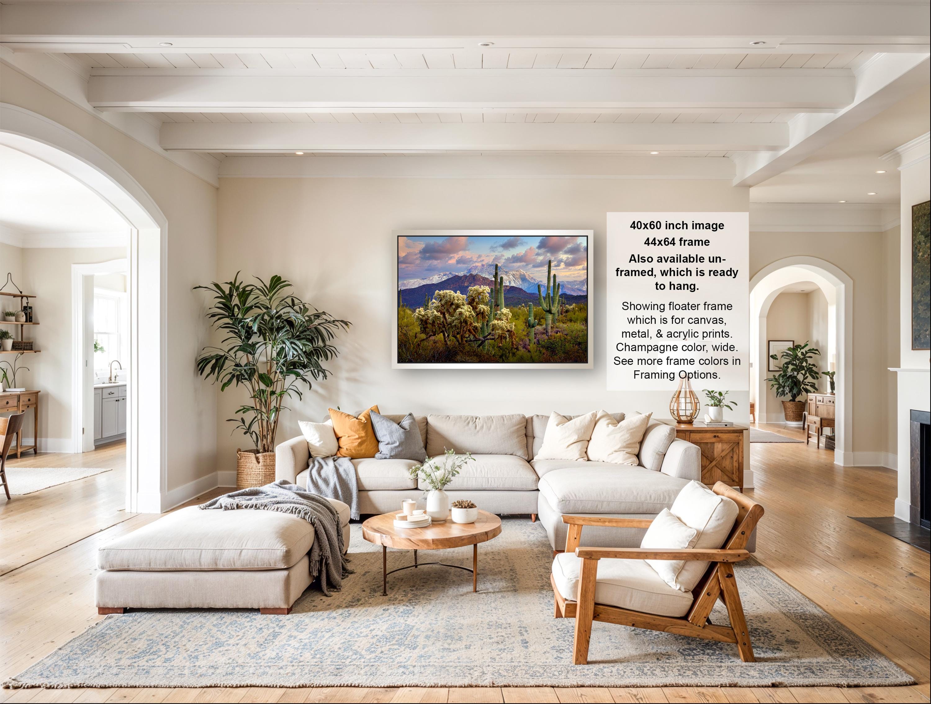 The image is a large framed picture of a desert landscape, hanging on a wall in a living room.