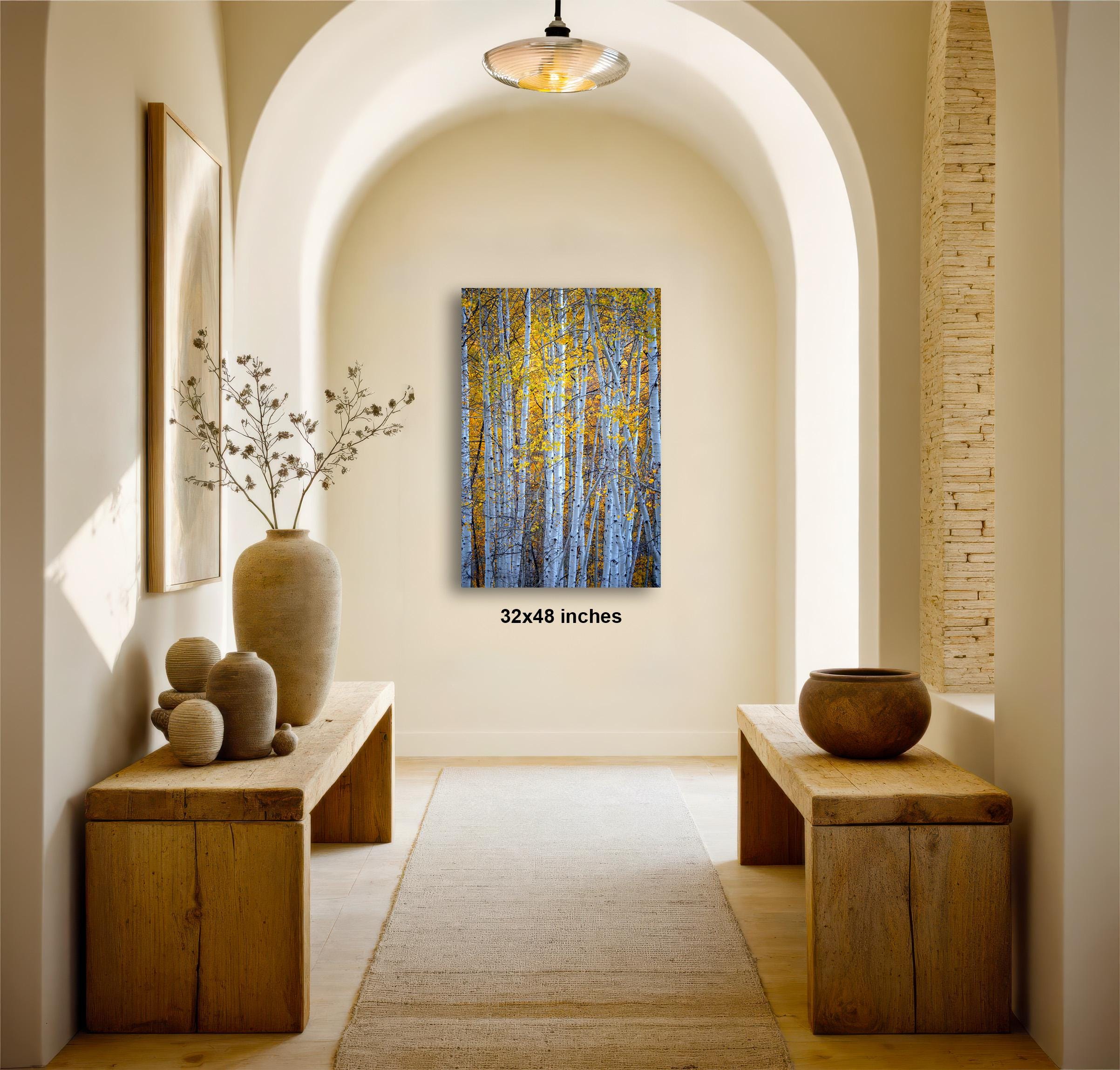 a hallway with a wooden floor, arched doorways, and a large painting of trees hanging on the wall. The painting features a mix of yellow and blue colors, creating a warm and inviting atmosphere. The hallway is decorated with various objects, including a vase, a bowl, and a plant, adding to the overall aesthetic of the space.