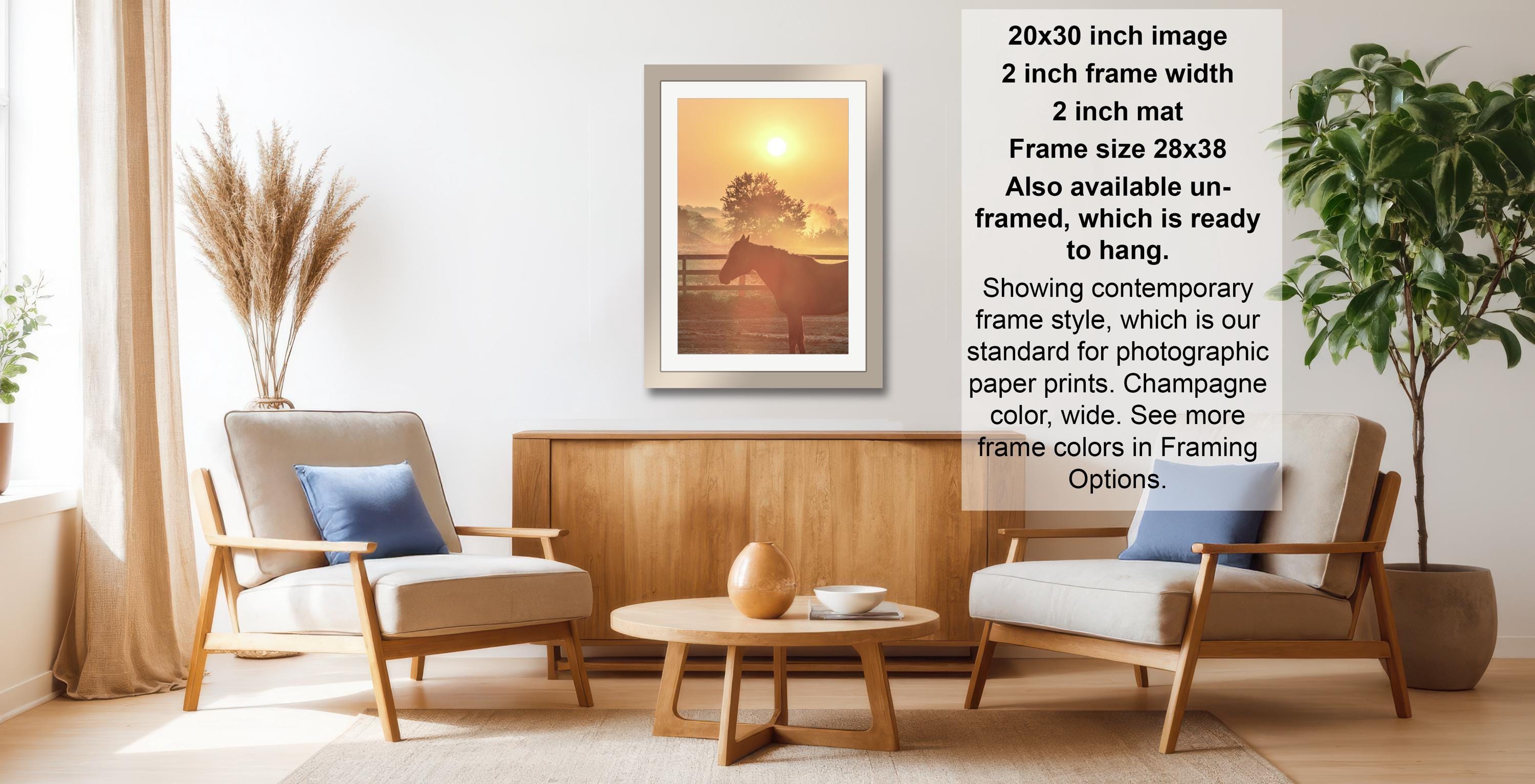 a living room with a framed picture of a sunset on the wall, a wooden coffee table, two armchairs, and a potted plant.