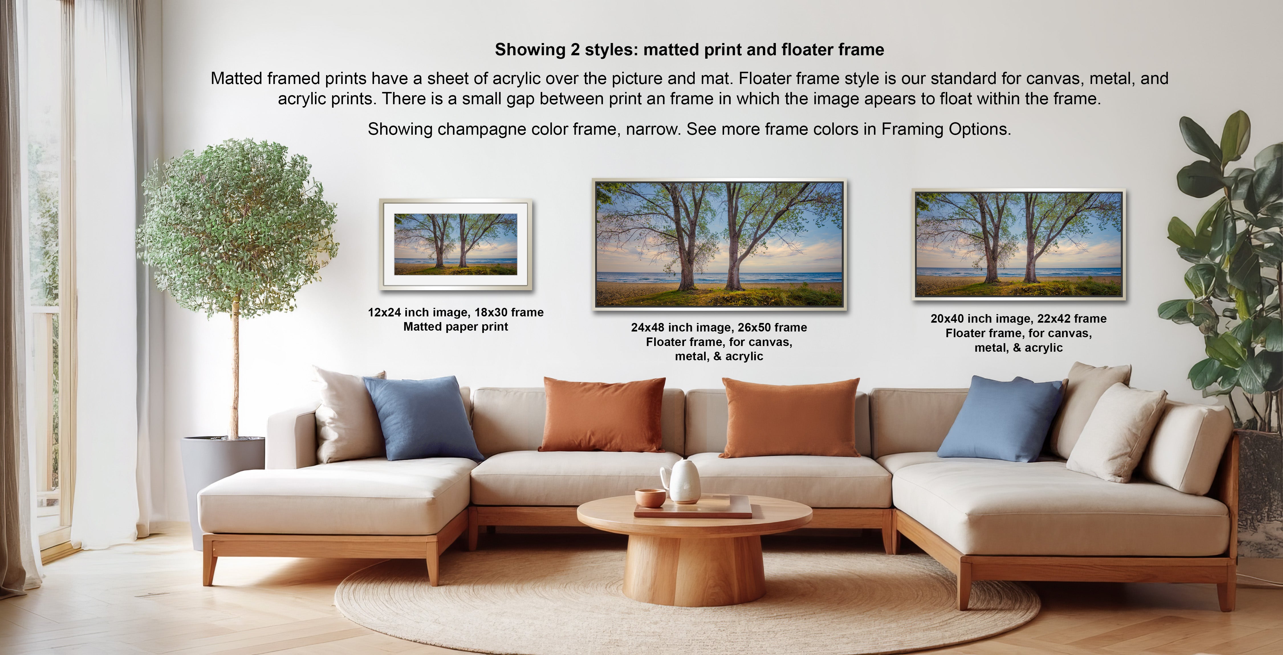 a living room with a large sectional sofa, a coffee table, and a potted plant. There are three framed prints displayed on the wall, each with a different frame style and size. The text provides information about the different frame styles and sizes available for the framed prints.