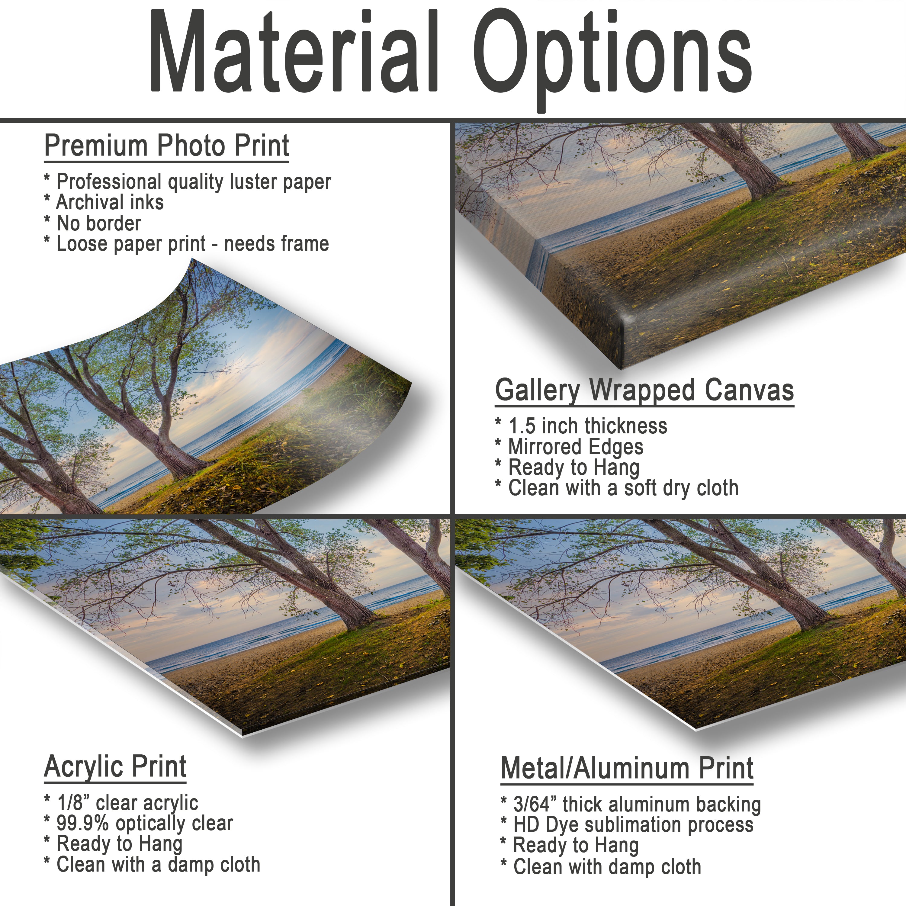 The image is a collage of four different types of photo prints, each with its own unique characteristics and uses.