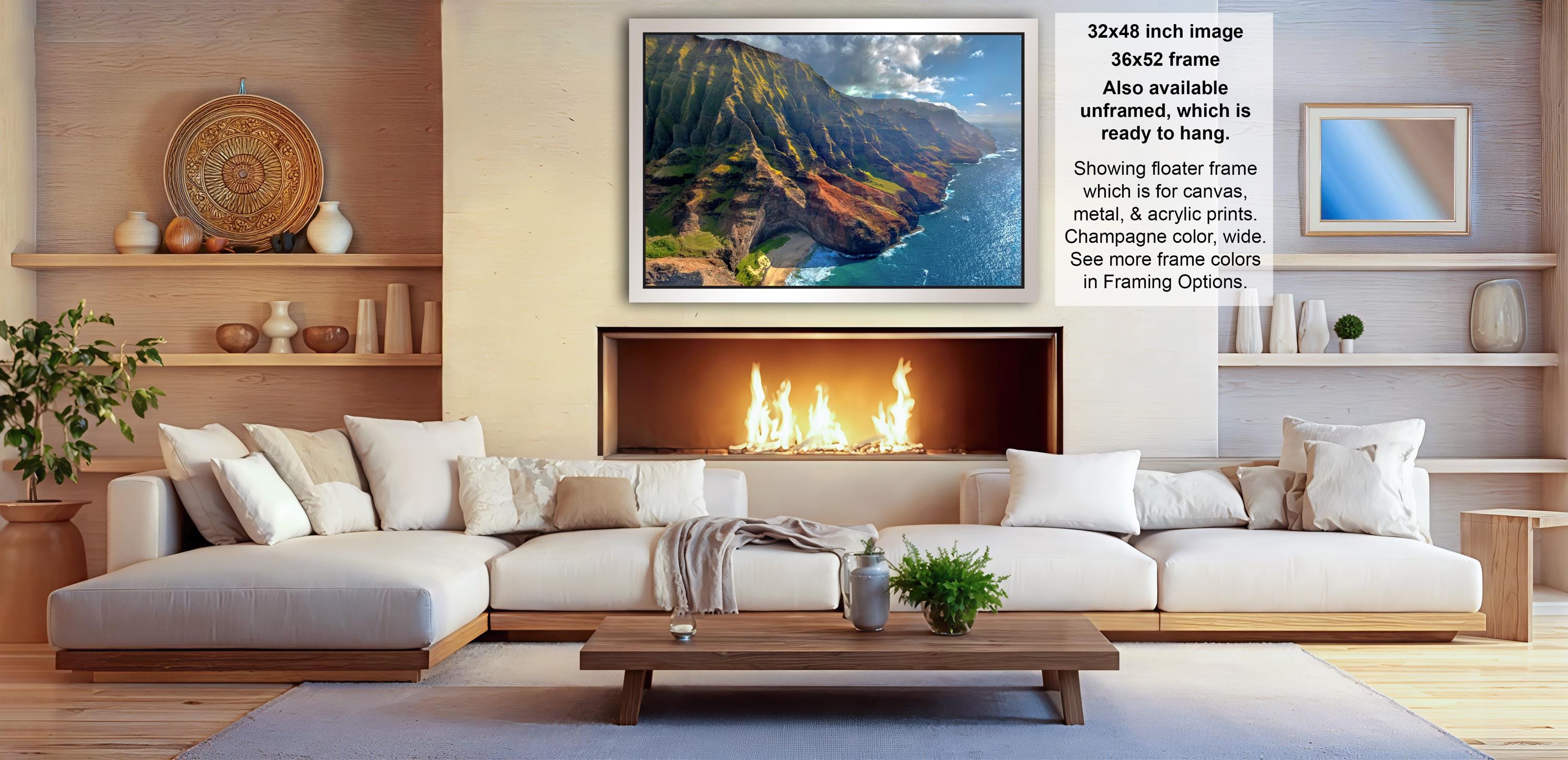 a cozy living room with a fireplace, white sofas, and a coffee table. The room has a warm and inviting atmosphere, with a fireplace providing a focal point and a painting hanging above it. The painting features a mountainous landscape, adding a touch of nature and beauty to the space. The room is well-decorated with various vases, potted plants, and other accessories, creating a harmonious and visually appealing environment.