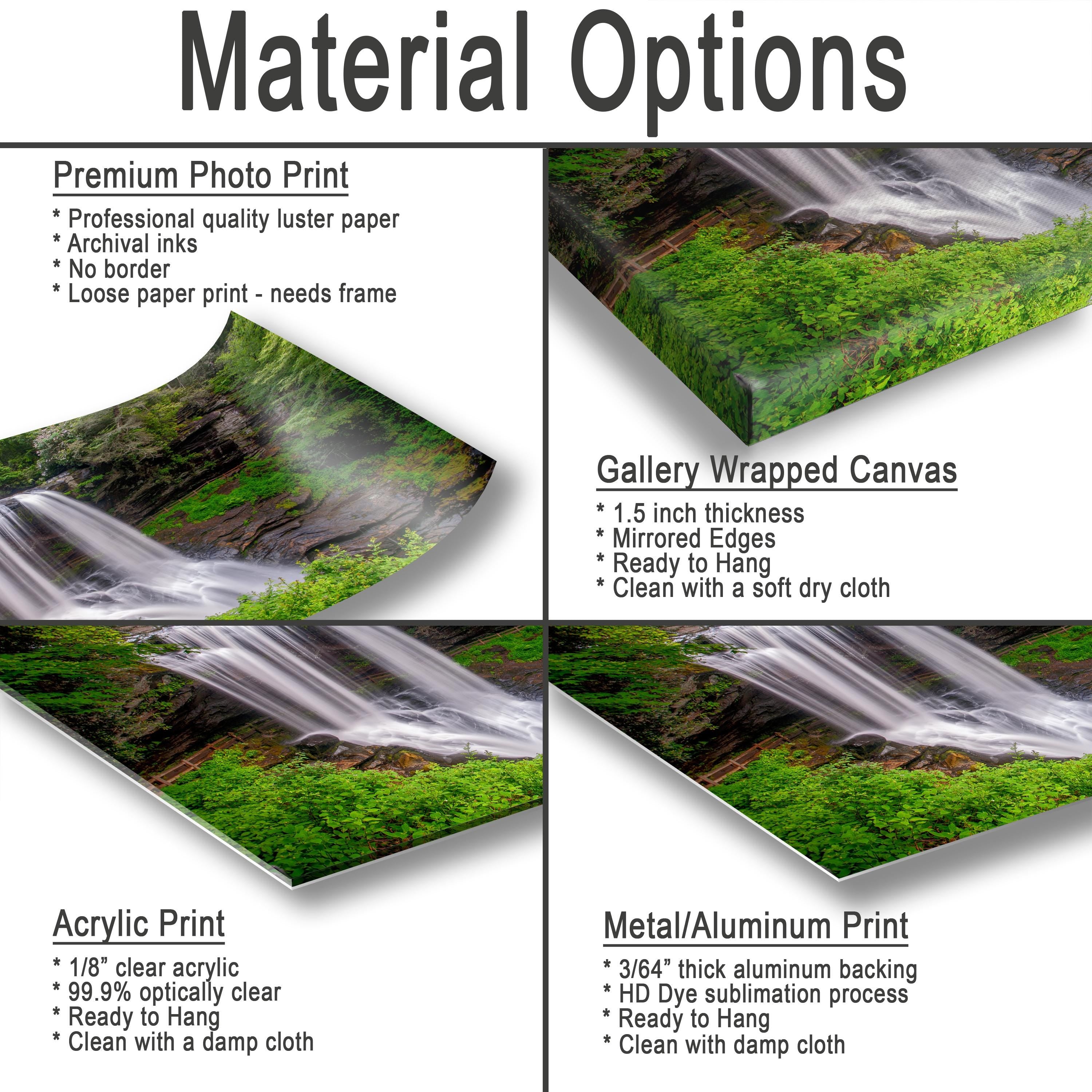 The image is a collage of three different types of photo prints, each showcasing a different material option for printing a landscape photograph. The options include a premium photo print, a gallery wrapped canvas, and an acrylic print.
