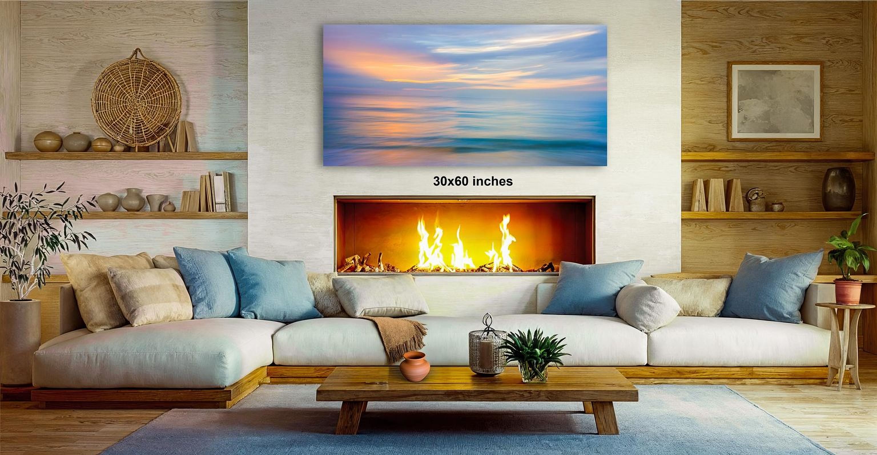 a cozy living room with a fireplace, a wooden coffee table, and comfortable seating arrangements.