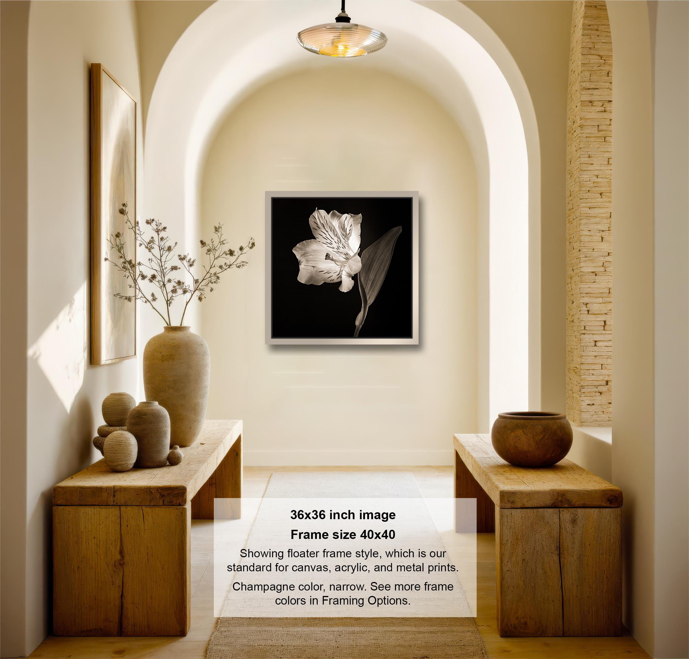 A black and white photograph of a vase with flowers on a wooden table, framed in a wooden frame and hung on a wall.