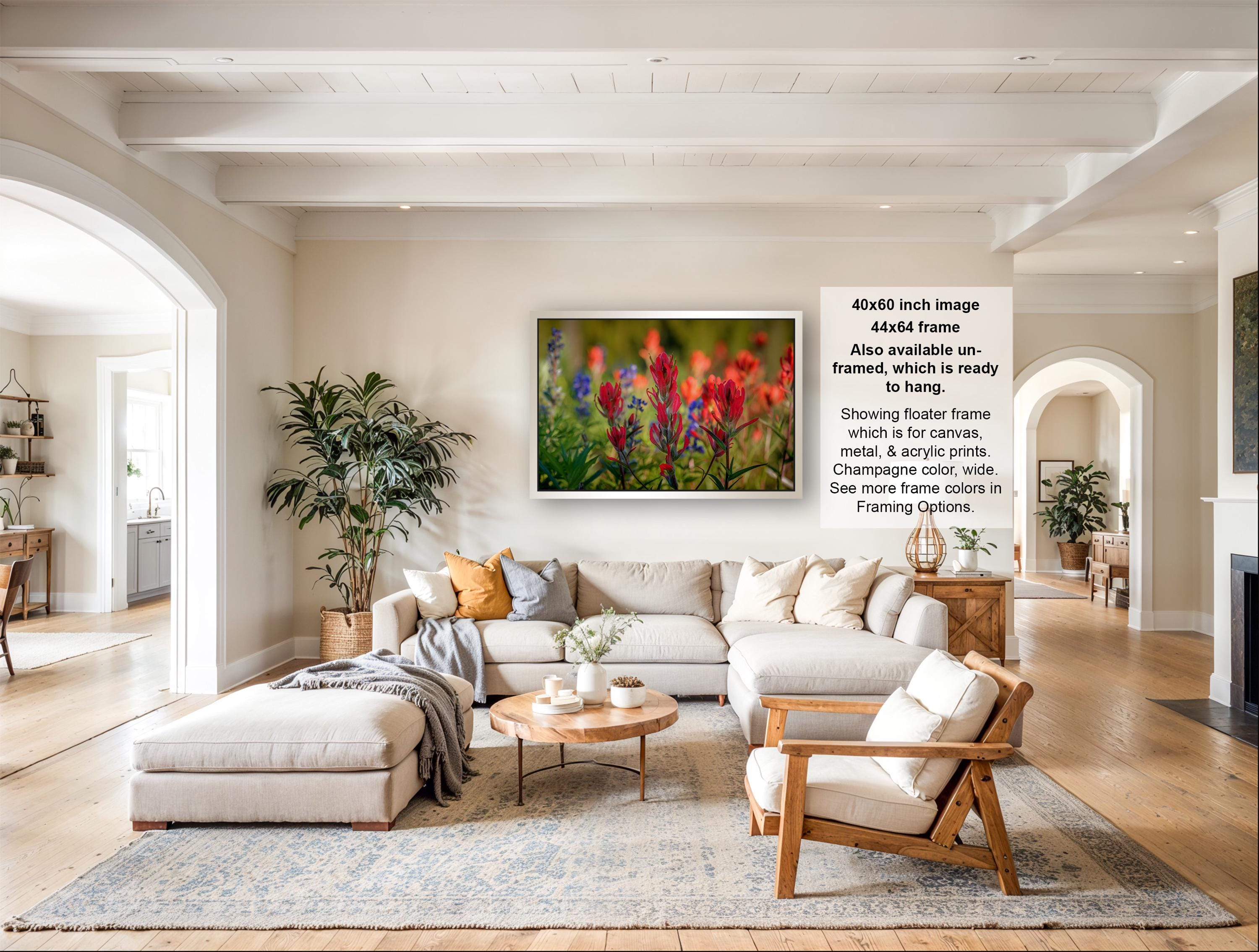 The image is a large framed picture of a field of flowers hanging on a wall in a living room.