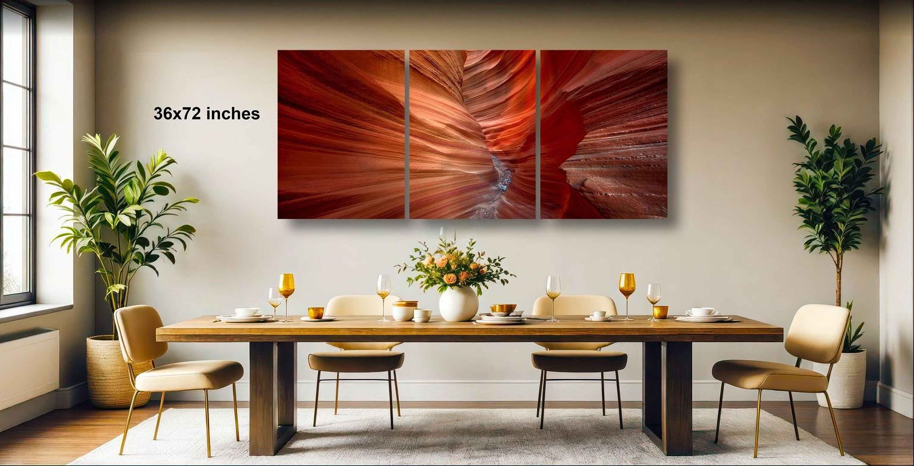 a modern dining room with a large, vibrant red abstract painting hanging on the wall above a wooden dining table set with wine glasses, plates, and a vase of flowers.