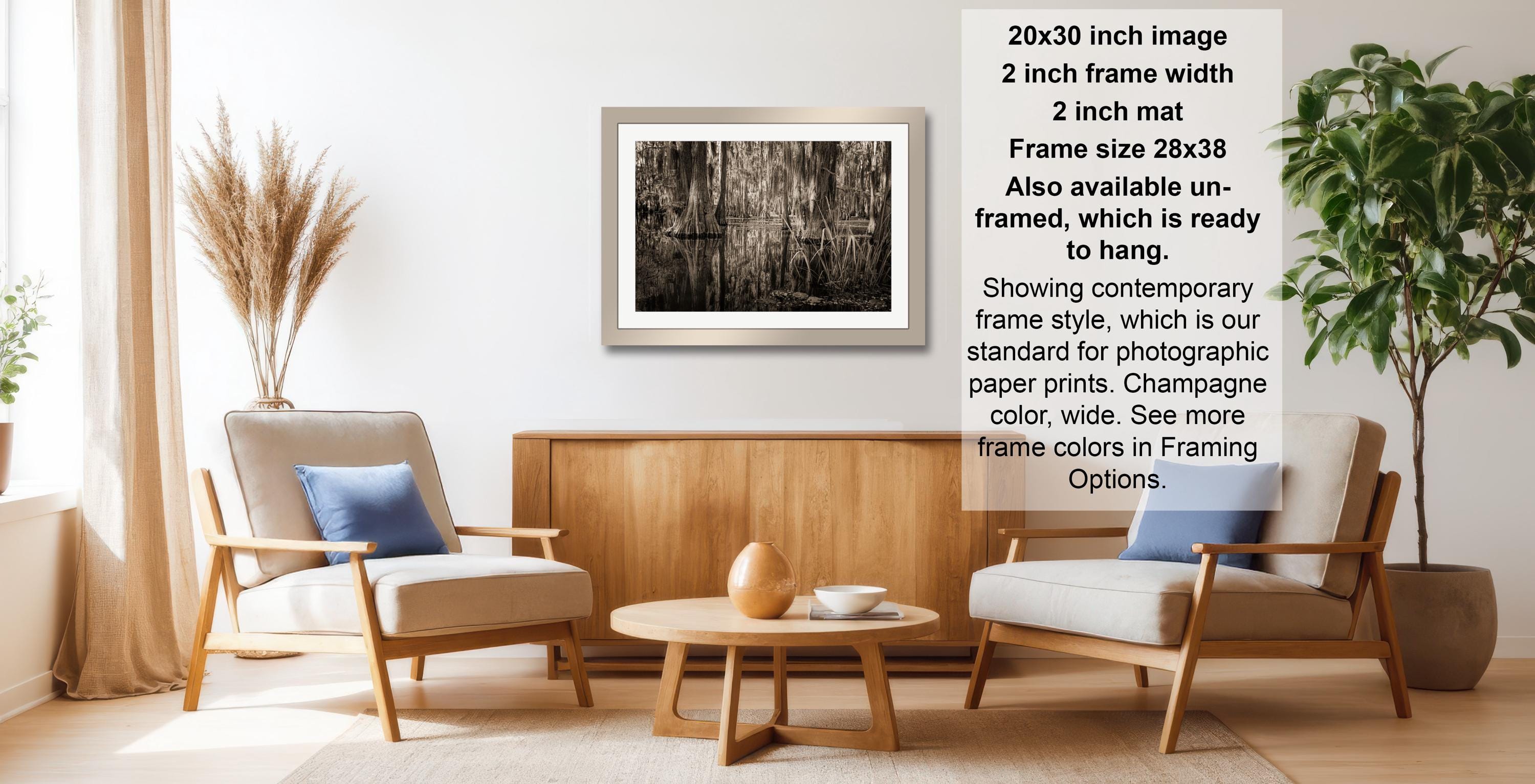The image is a living room with two chairs, a coffee table, and a framed photograph on the wall. The photograph has a black and white, wood grain, and textured appearance. The frame size is 28.38 inches wide and 2 inches tall, and it is ready to hang. The living room has a modern and minimalist design, with a wooden floor and a white wall.