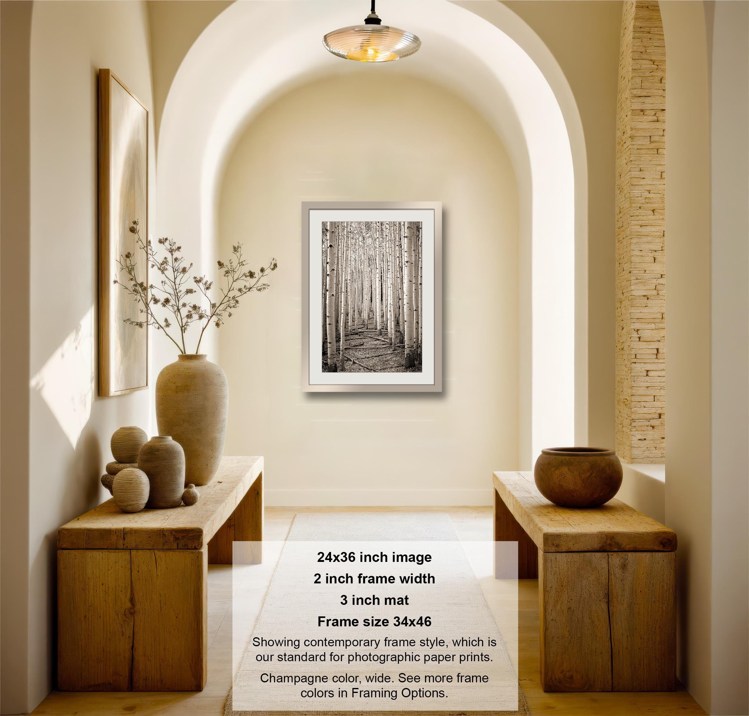a hallway with a framed black and white photograph of a forest on the wall, flanked by two wooden tables with decorative items on them.